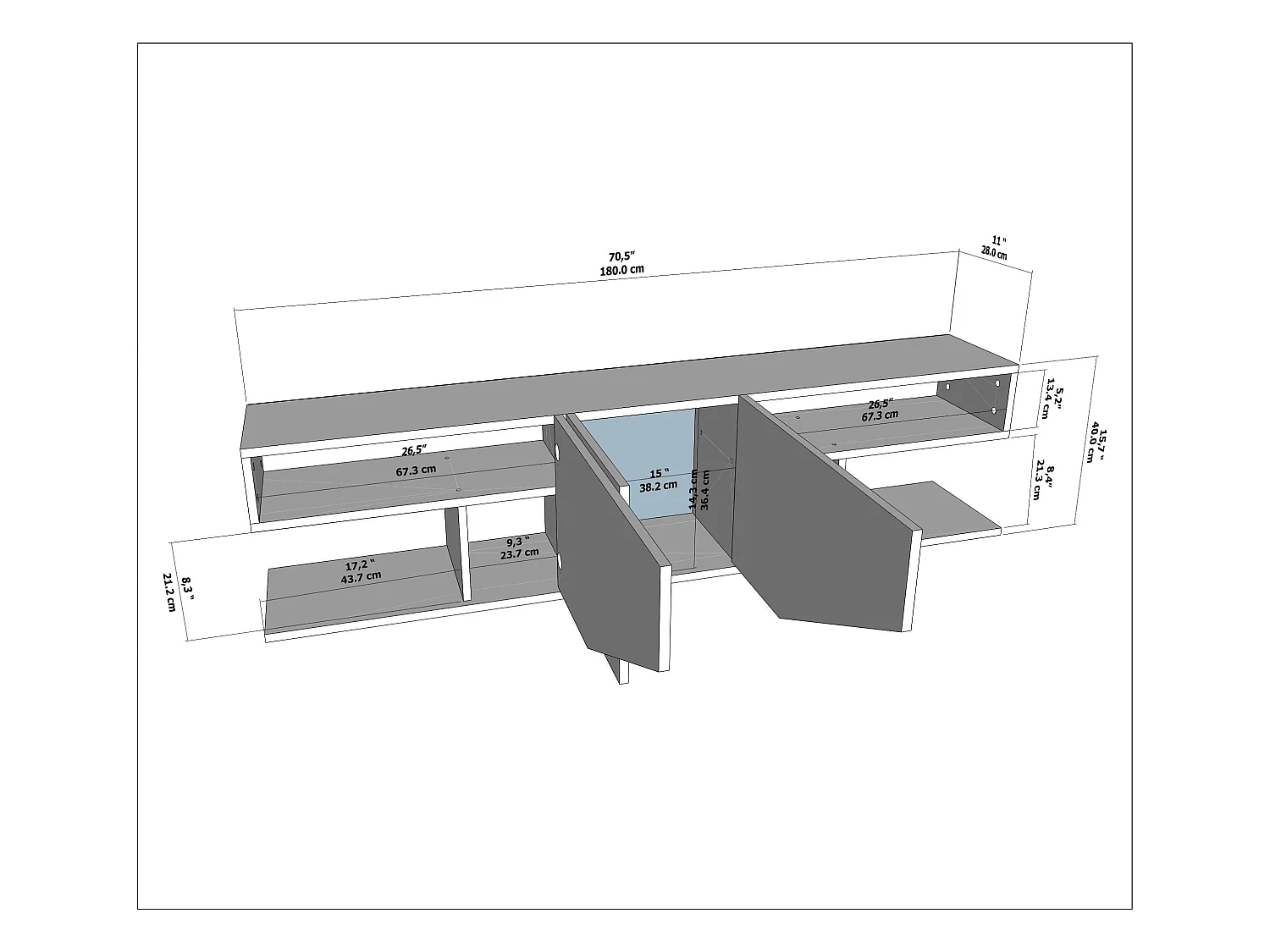 Meuble TV Pearl de 180 cm avec des armoires en style ailes (Effet marbre noir)