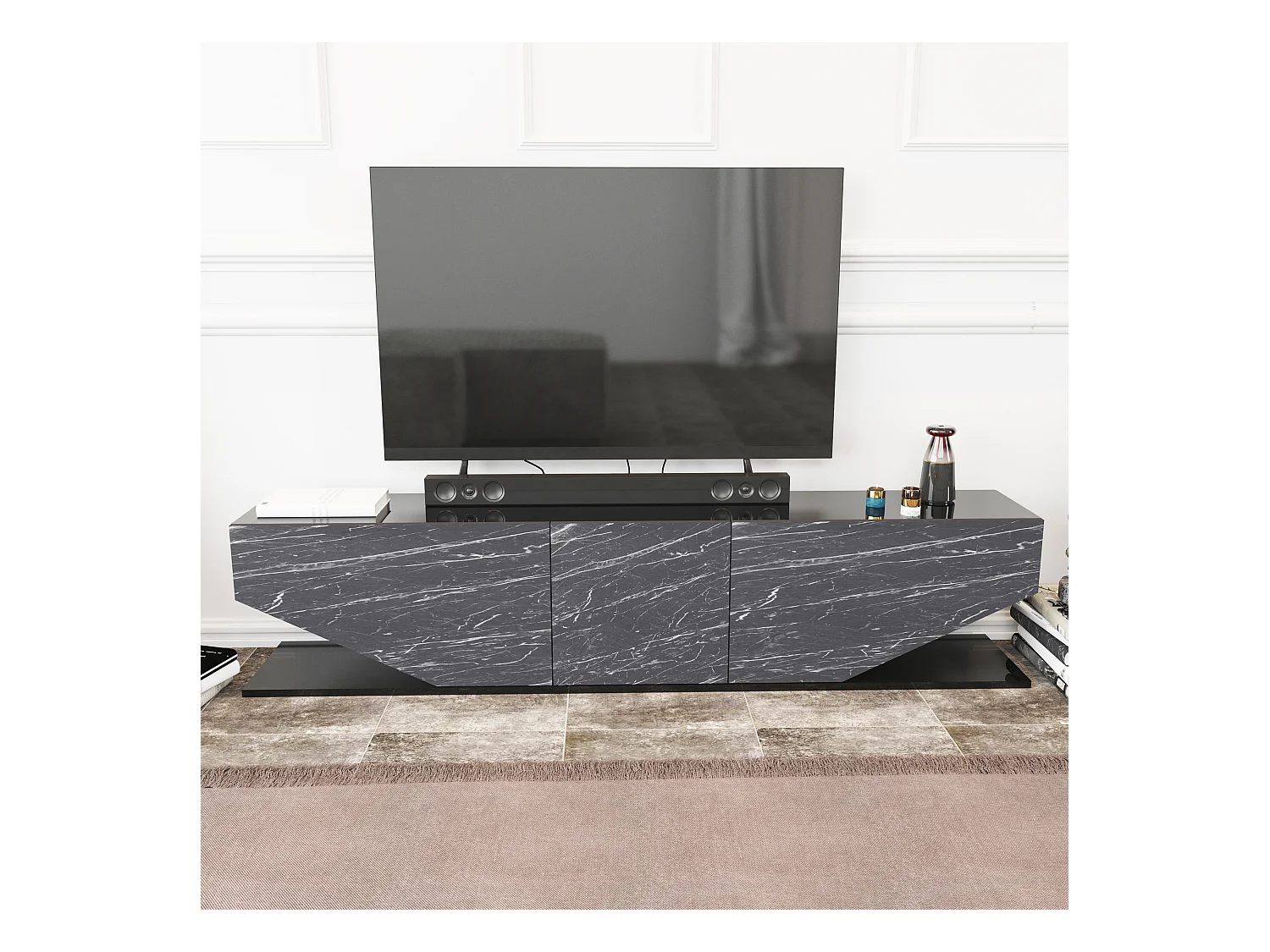 Meuble TV Pearl de 180 cm avec des armoires en style ailes (Effet marbre noir)