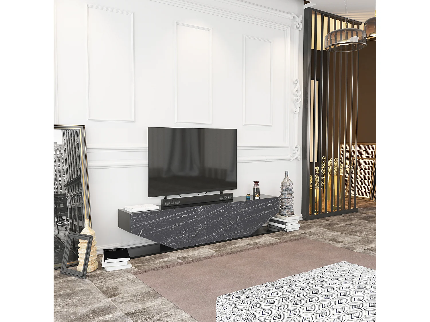 Meuble TV Pearl de 180 cm avec des armoires en style ailes (Effet marbre noir)