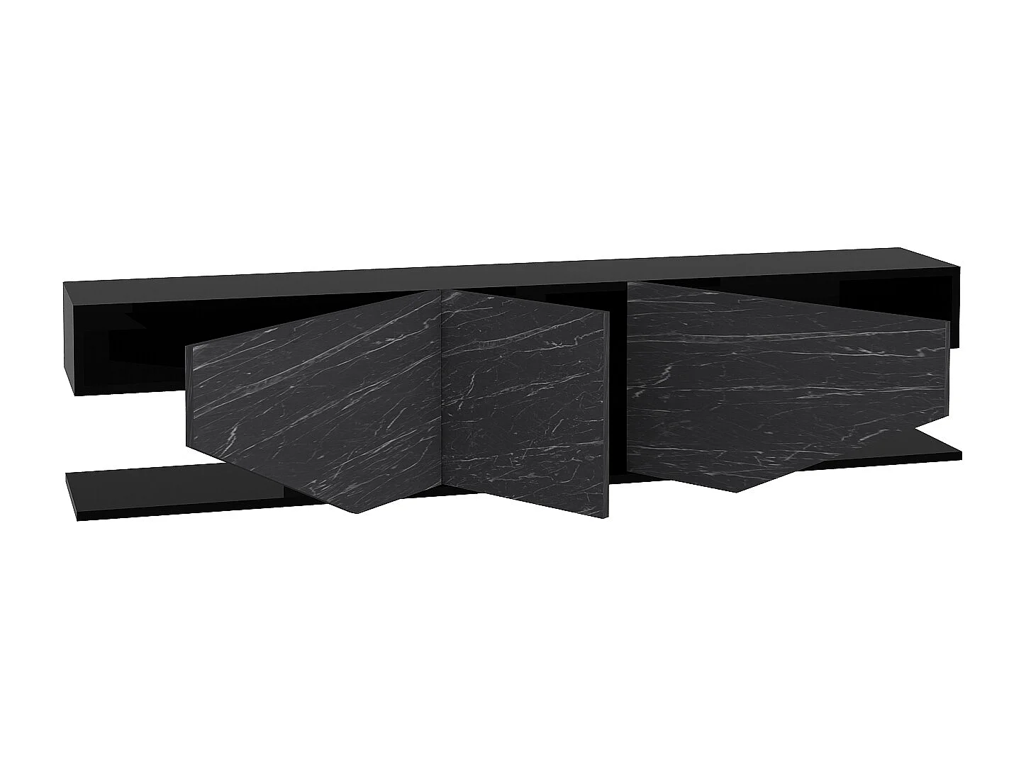 Meuble TV Pearl de 180 cm avec des armoires en style ailes (Effet marbre noir)