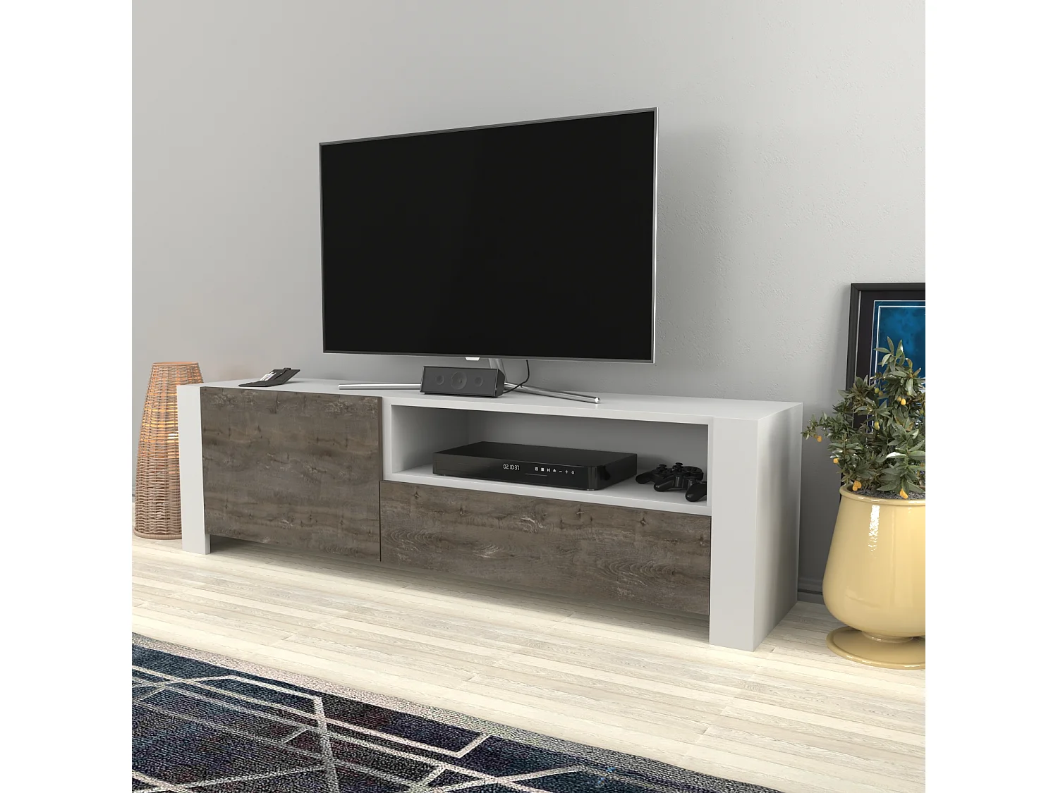 Piedmont 160 cm Meuble TV Armoires Battantes et Niche (Blanc et Wenge)