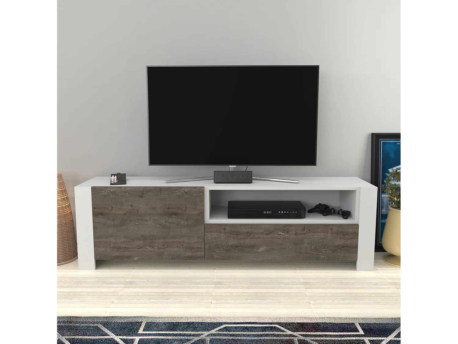 Piedmont 160 cm Meuble TV Armoires Battantes et Niche (Blanc et Wenge)