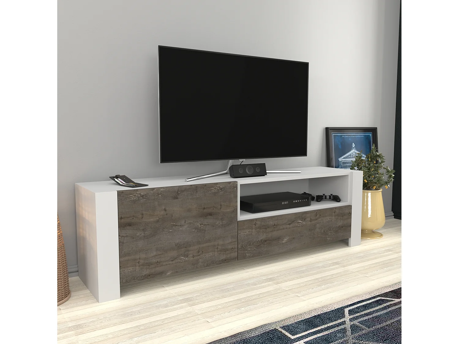 Piedmont 160 cm Meuble TV Armoires Battantes et Niche (Blanc et Wenge)