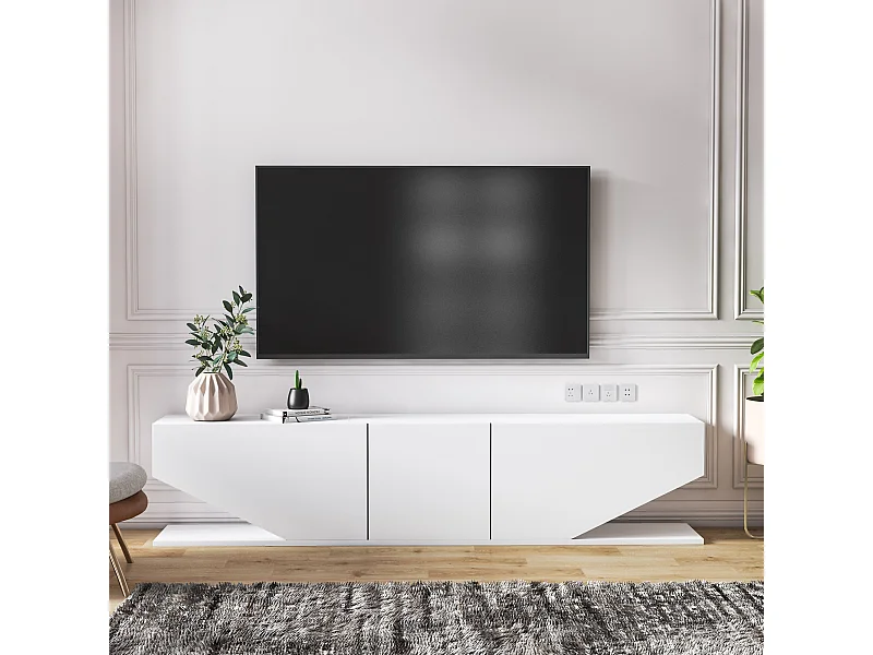 Meuble TV Incia de 180 cm avec 3 Armoires en style ailes (Blanc brillant)