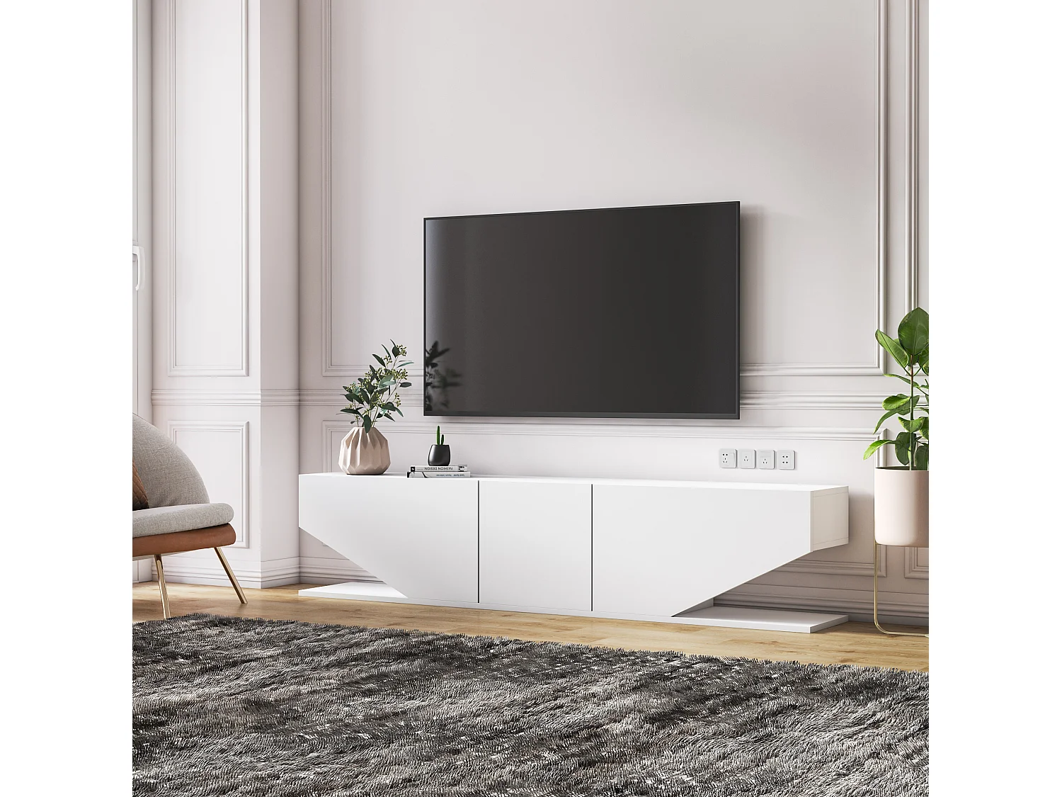Meuble TV Incia de 180 cm avec 3 Armoires en style ailes (Blanc brillant)