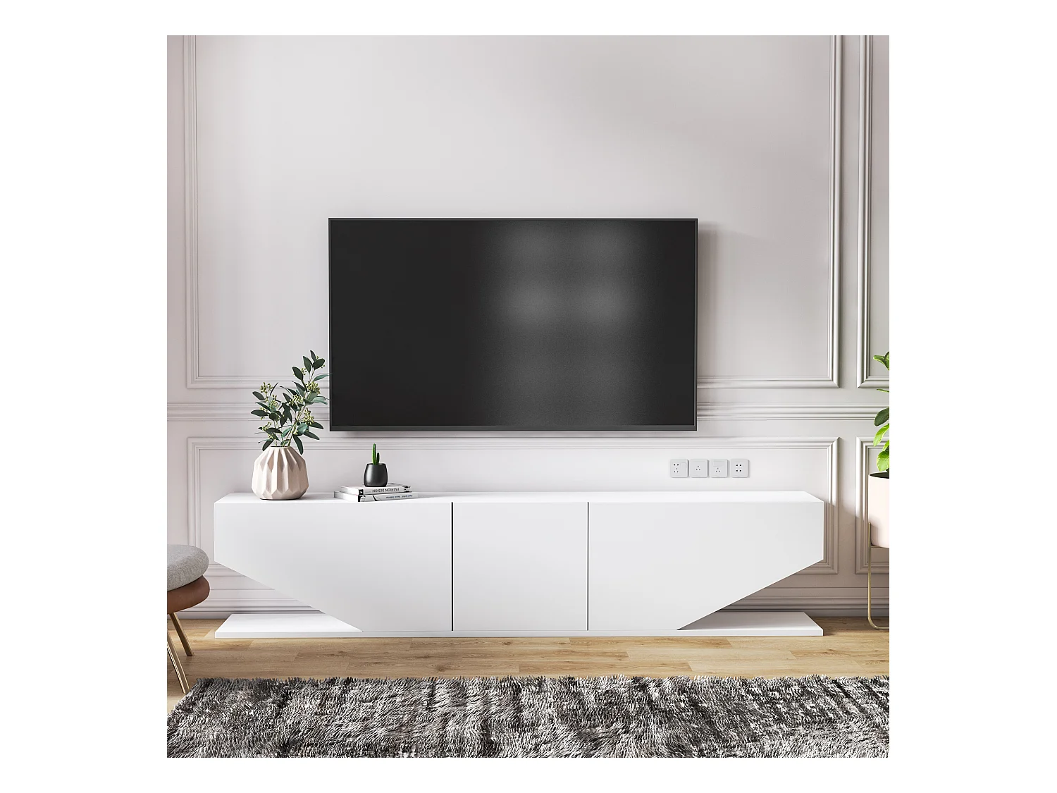 Meuble TV Incia de 180 cm avec 3 Armoires en style ailes (Blanc brillant)