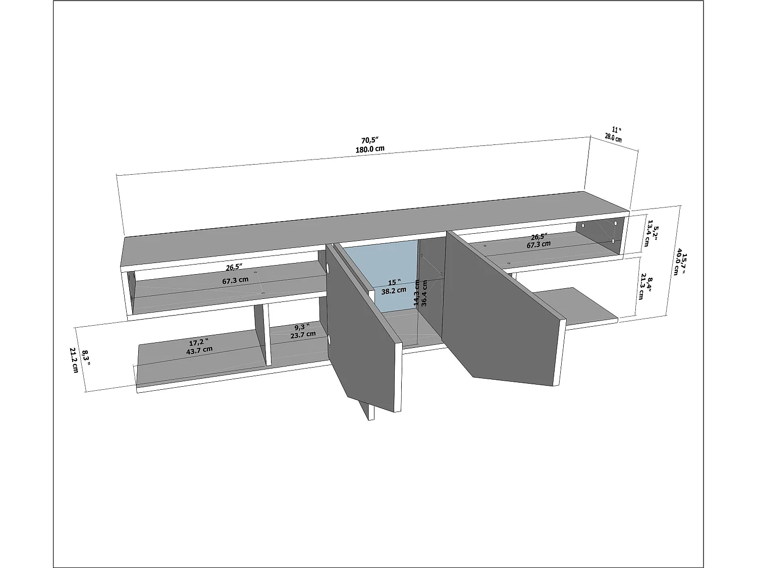 Meuble TV Incia de 180 cm avec 3 Armoires en style ailes (Blanc brillant)