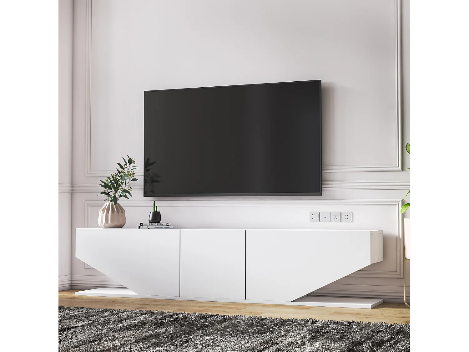Meuble TV Incia de 180 cm avec 3 Armoires en style ailes (Blanc brillant)