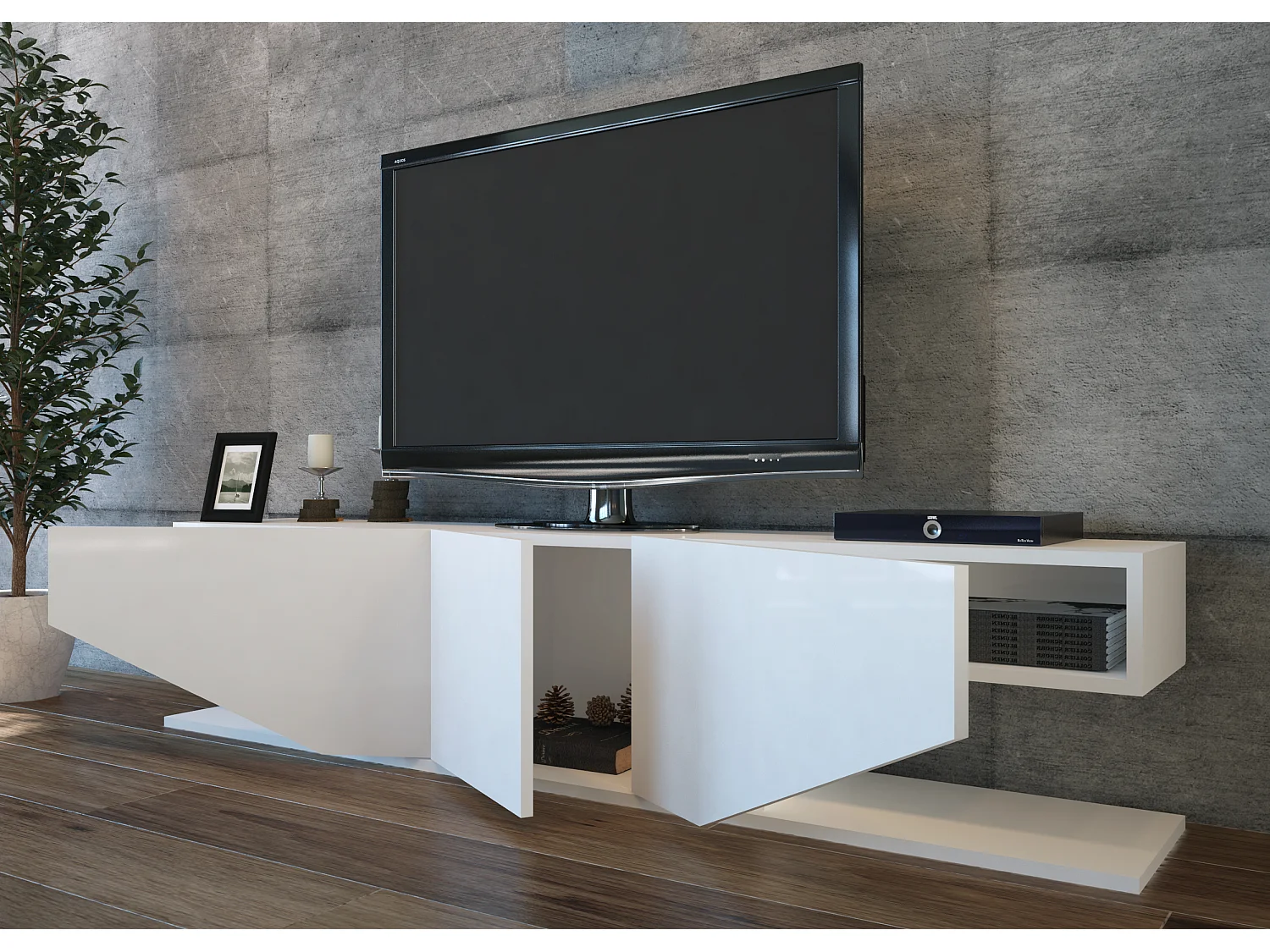 Meuble TV Incia de 180 cm avec 3 Armoires en style ailes (Blanc brillant)