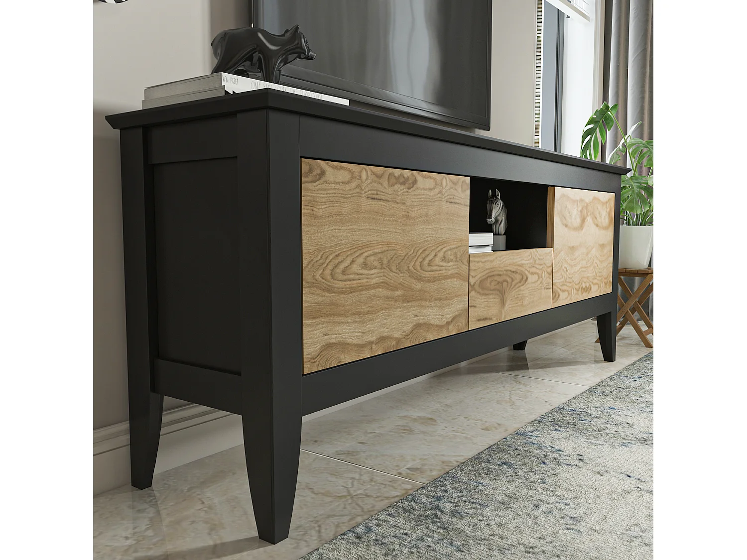 Verde Meuble TV 150 cm 3 Armoires Battantes et Une Niche | Convient aux TVs 55" (Oud et Noir)