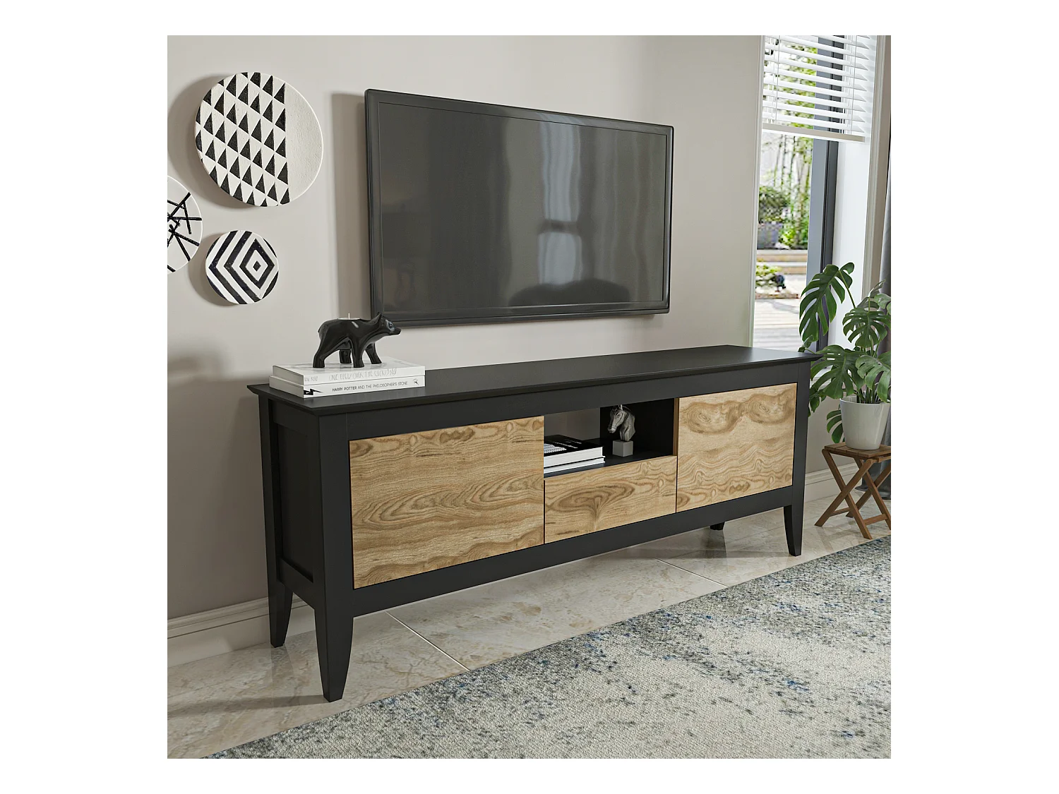 Verde Meuble TV 150 cm 3 Armoires Battantes et Une Niche | Convient aux TVs 55" (Oud et Noir)