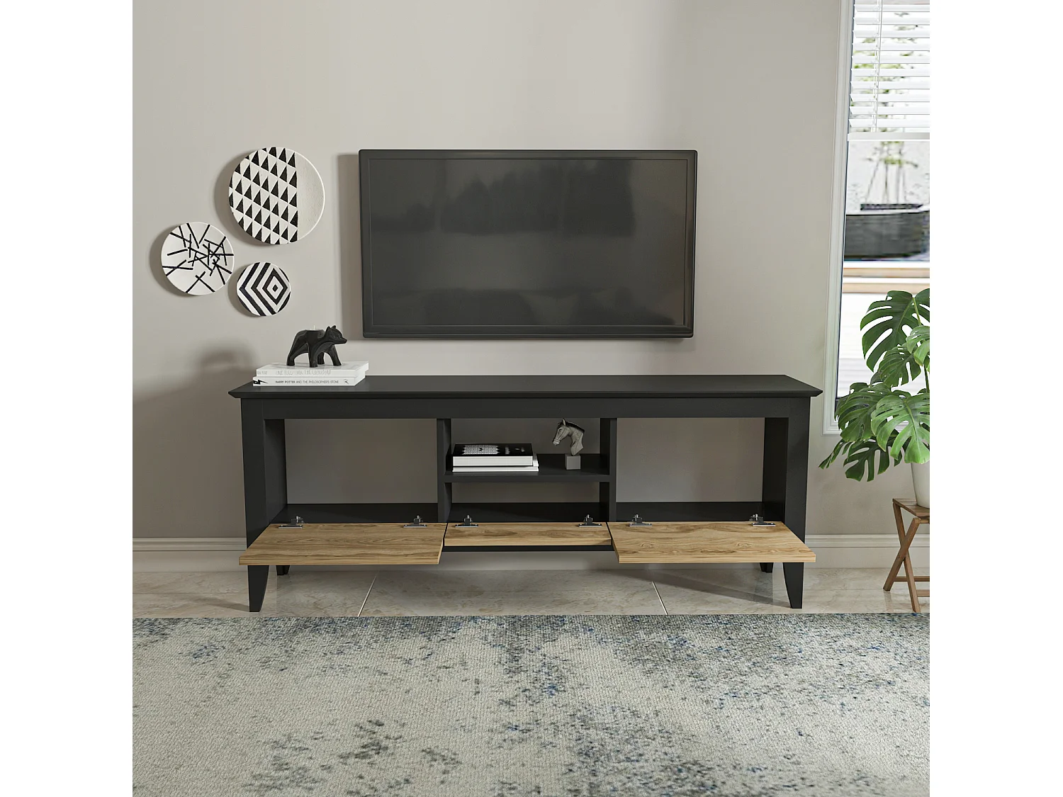 Verde Meuble TV 150 cm 3 Armoires Battantes et Une Niche | Convient aux TVs 55" (Oud et Noir)