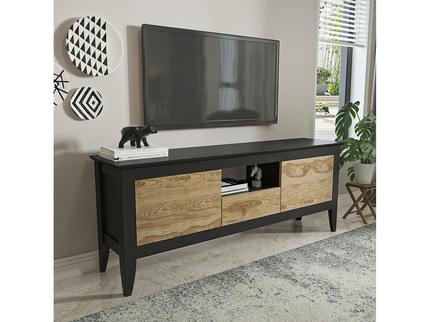 Decorotika Verde TV Unit for TVs up to 59inch with Dropdown Cabinets and Open Shelves