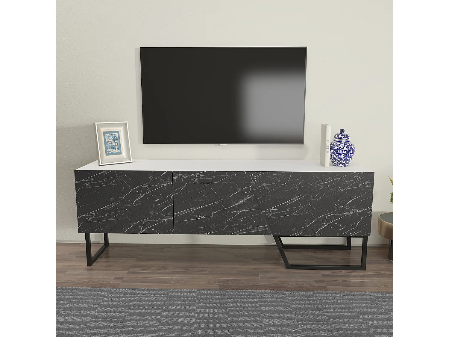 Parla Meuble TV 150 cm Armoires et Pieds Métalliques (Blanc et Effet marbre noir)