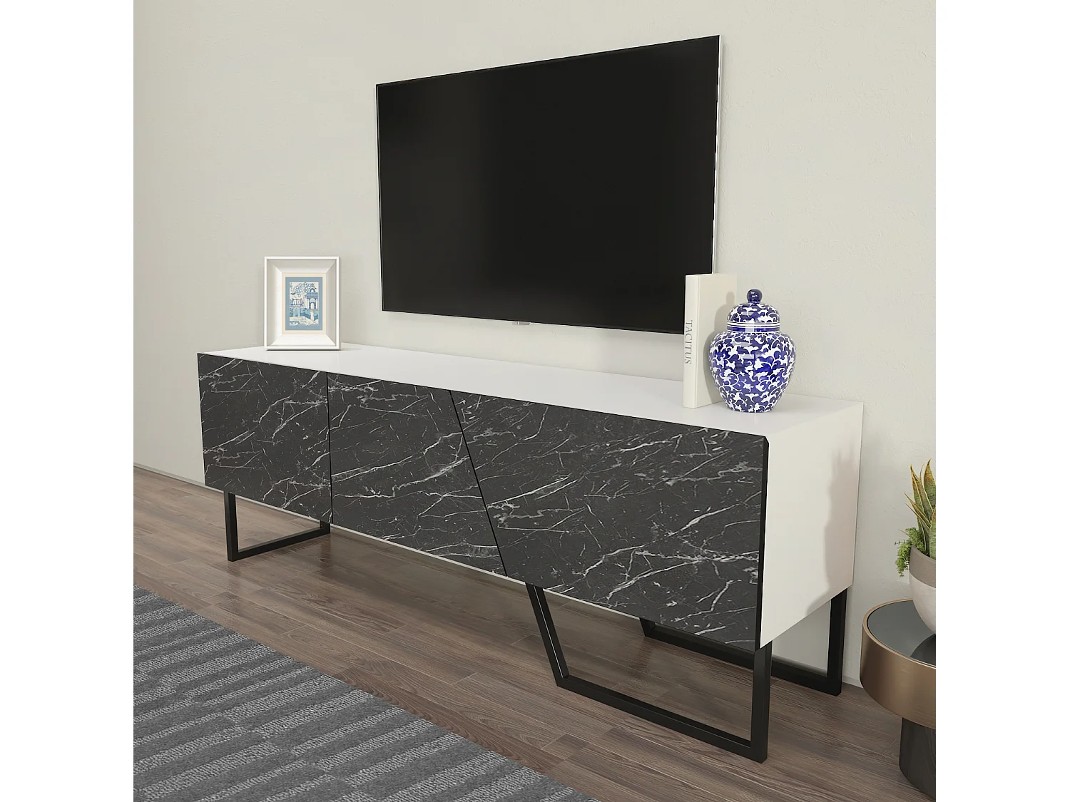 Parla Meuble TV 150 cm Armoires et Pieds Métalliques (Blanc et Effet marbre noir)