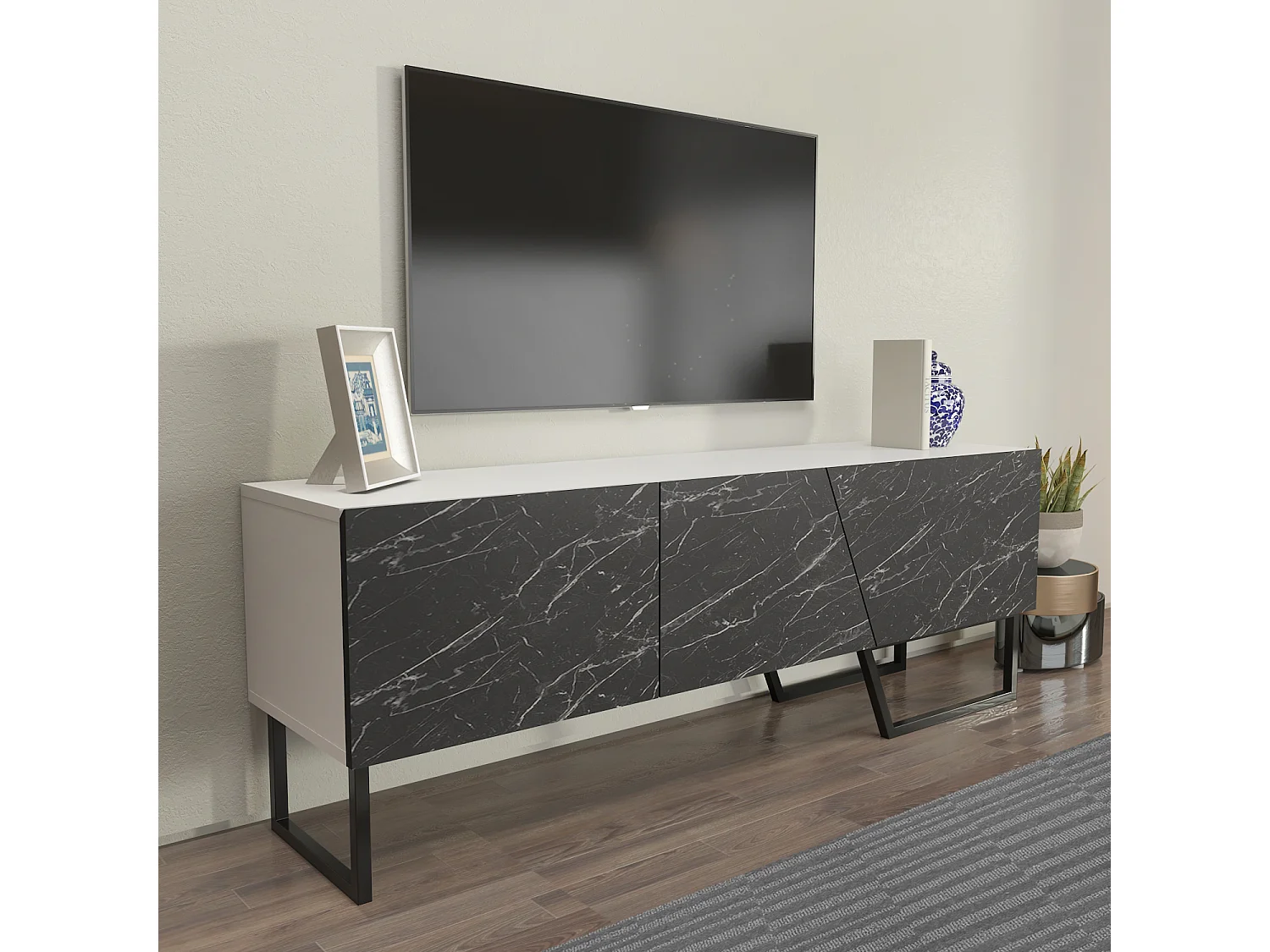 Parla Meuble TV 150 cm Armoires et Pieds Métalliques (Blanc et Effet marbre noir)