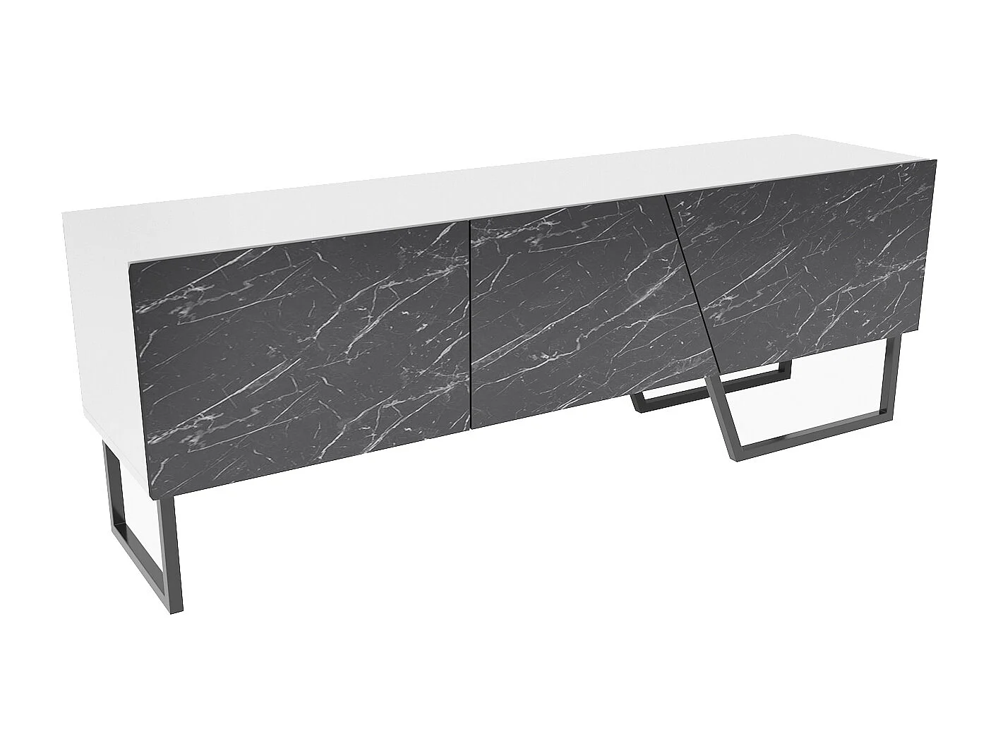 Parla Meuble TV 150 cm Armoires et Pieds Métalliques (Blanc et Effet marbre noir)