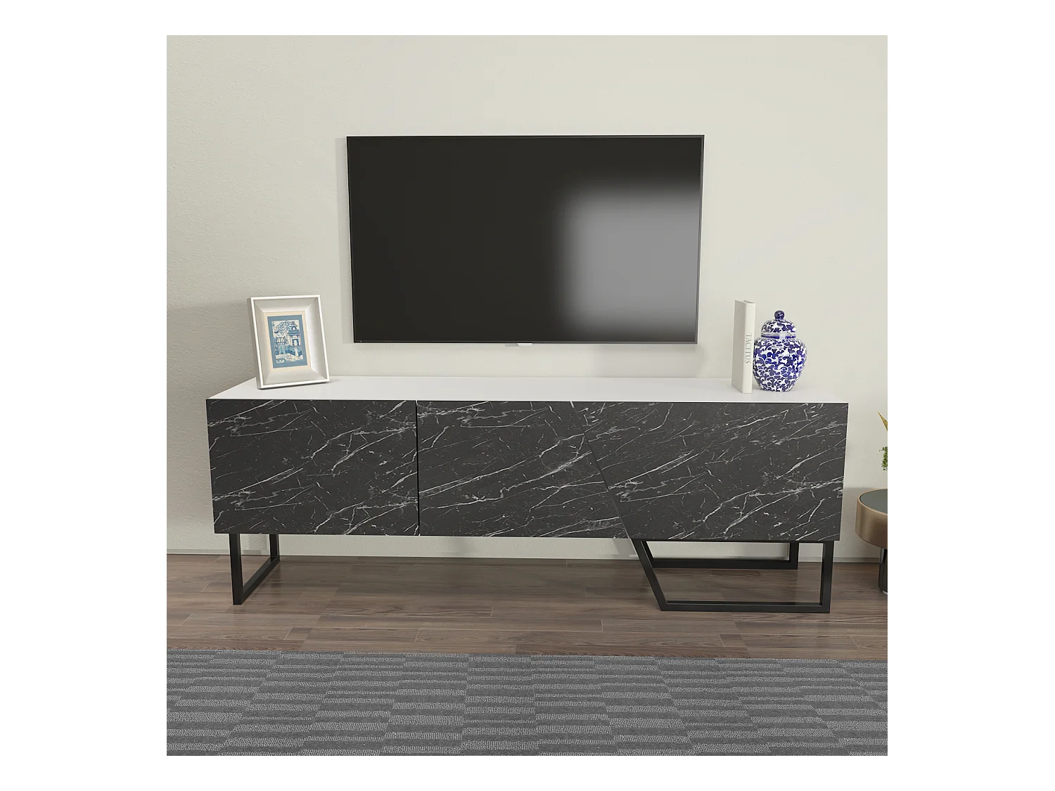 Parla Meuble TV 150 cm Armoires et Pieds Métalliques (Blanc et Effet marbre noir)