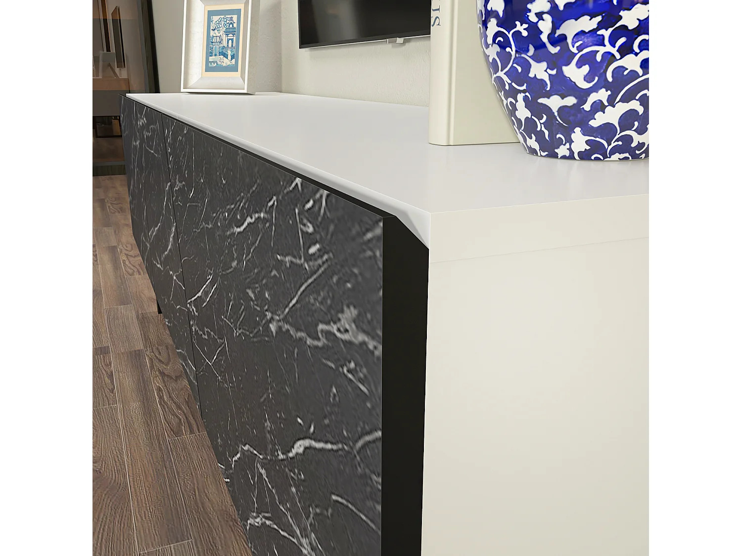 Parla Meuble TV 150 cm Armoires et Pieds Métalliques (Blanc et Effet marbre noir)