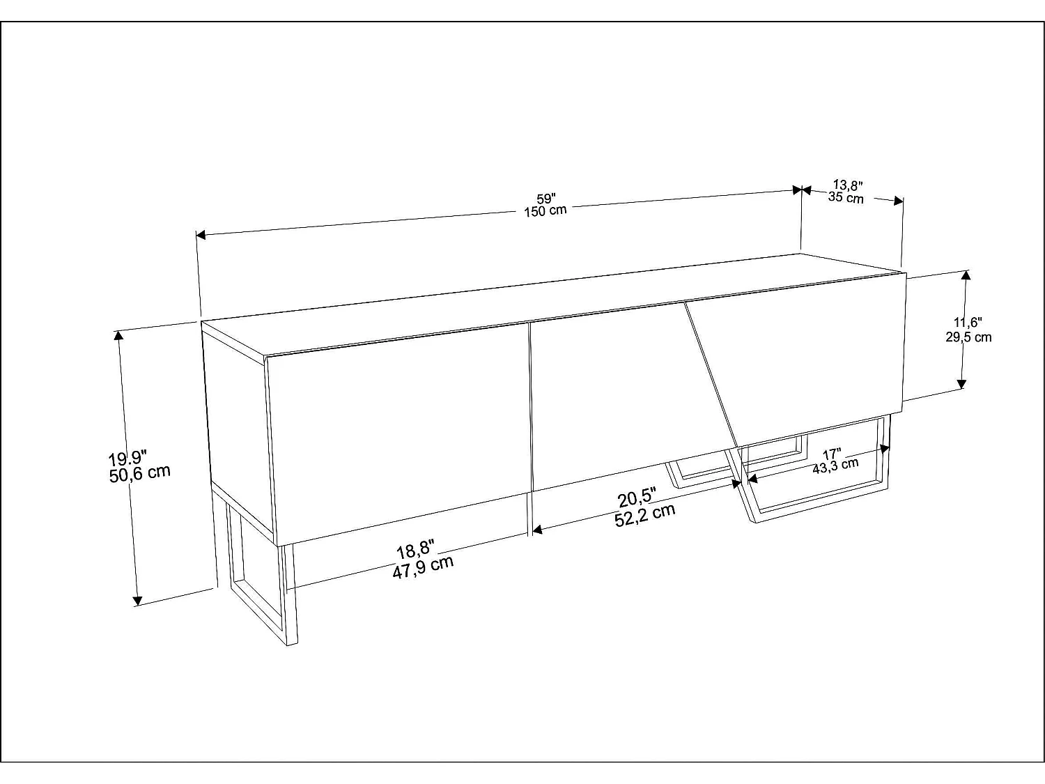 Parla Meuble TV 150 cm Armoires et Pieds Métalliques (Blanc et Effet marbre noir)