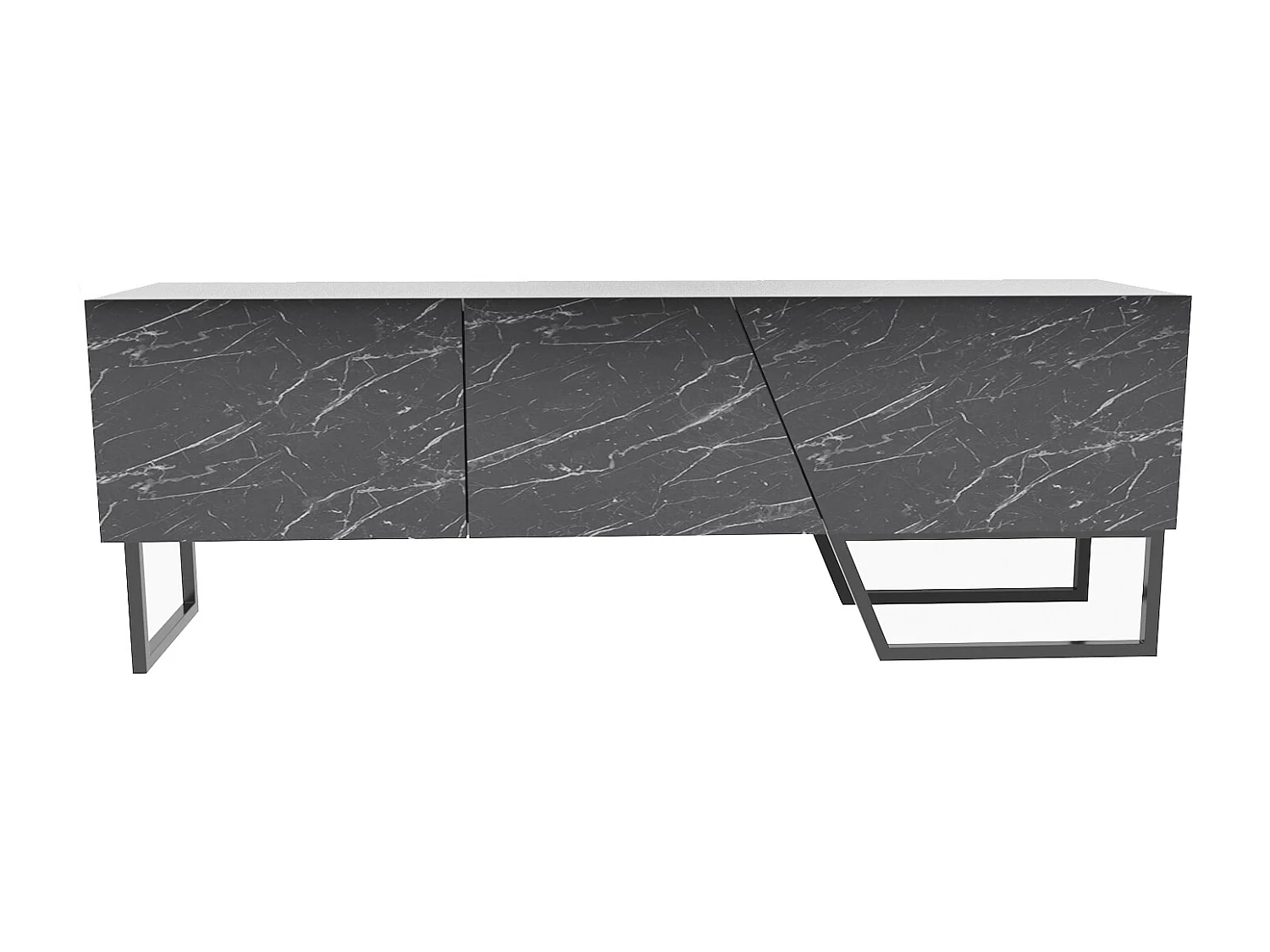 Parla Meuble TV 150 cm Armoires et Pieds Métalliques (Blanc et Effet marbre noir)