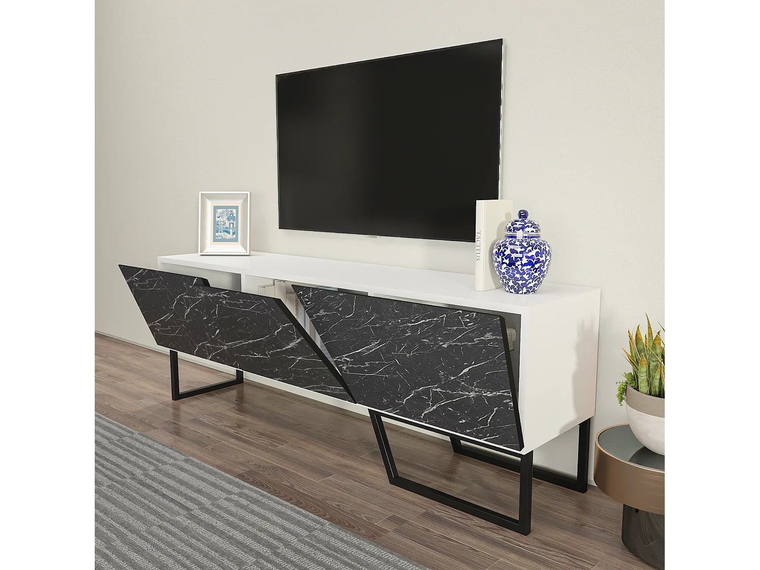 Parla Meuble TV 150 cm Armoires et Pieds Métalliques (Blanc et Effet marbre noir)
