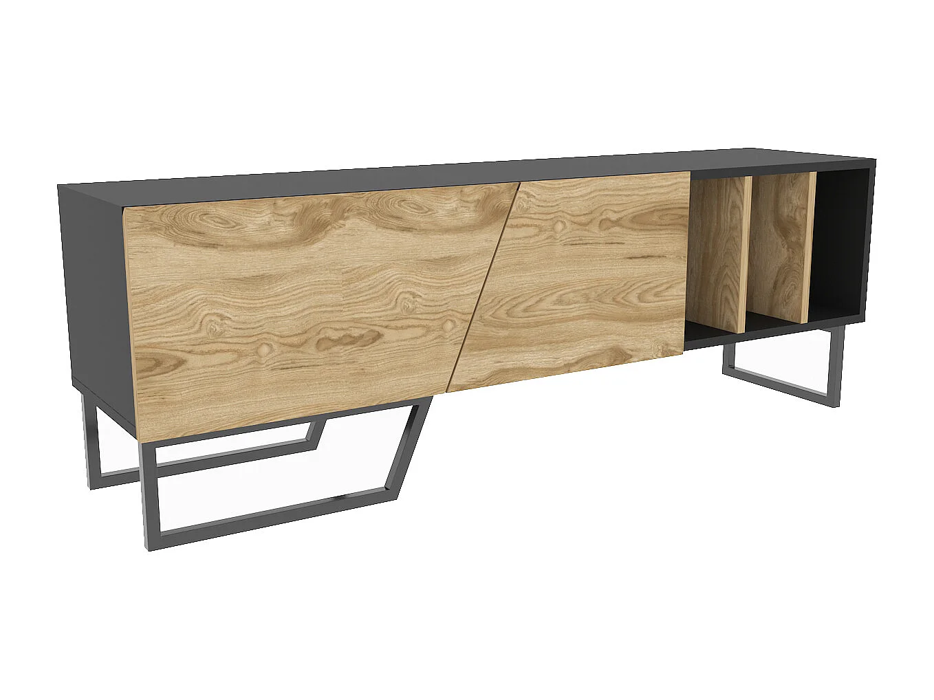 Meuble TV Linossa, niches et armoires, pied en métal (Noir et Oud)