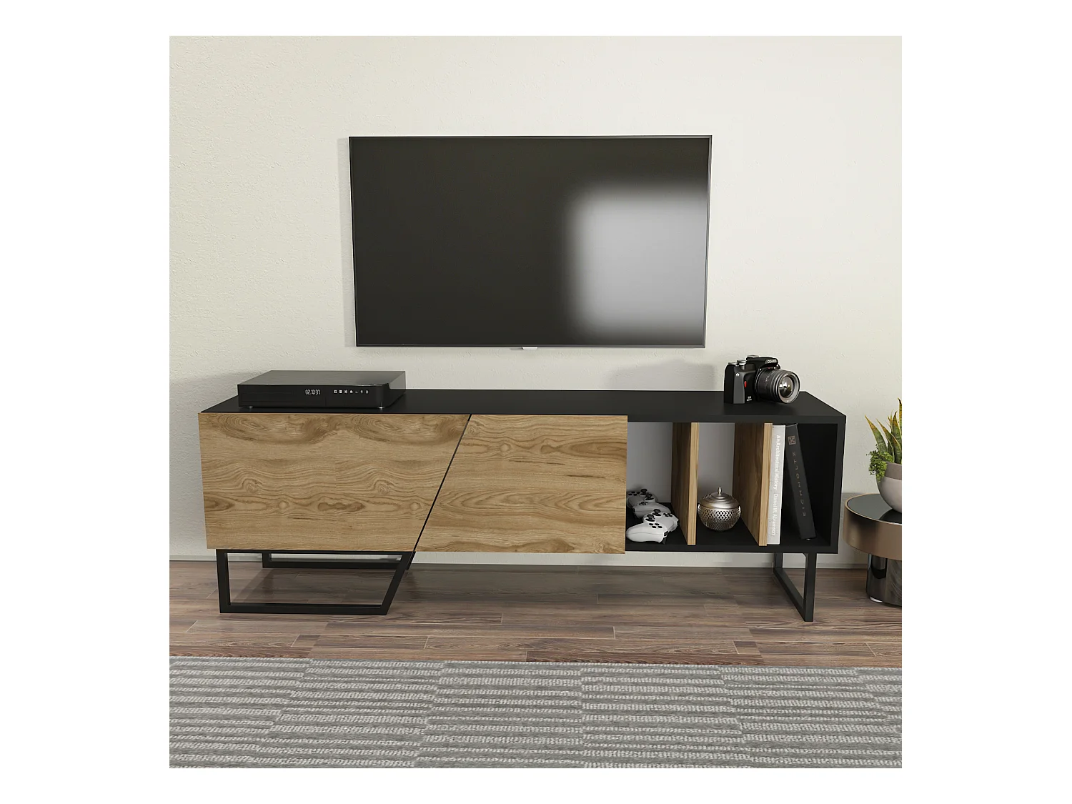 Meuble TV Linossa, niches et armoires, pied en métal (Noir et Oud)