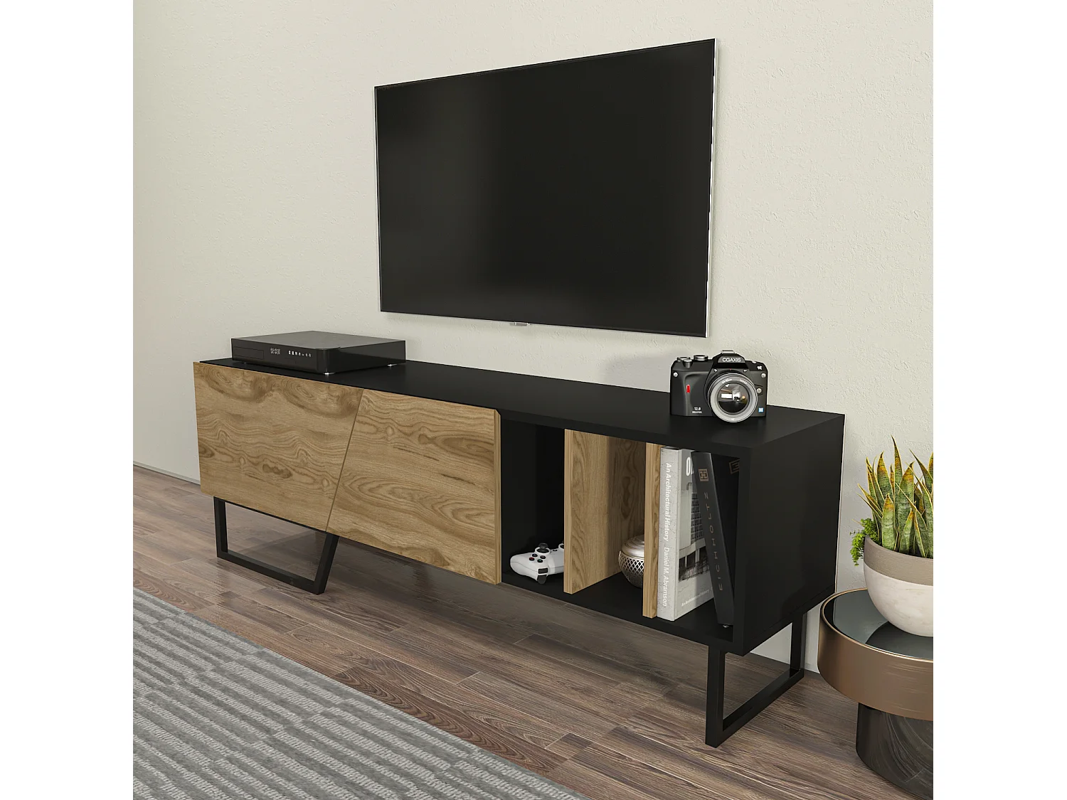 Meuble TV Linossa, niches et armoires, pied en métal (Noir et Oud)