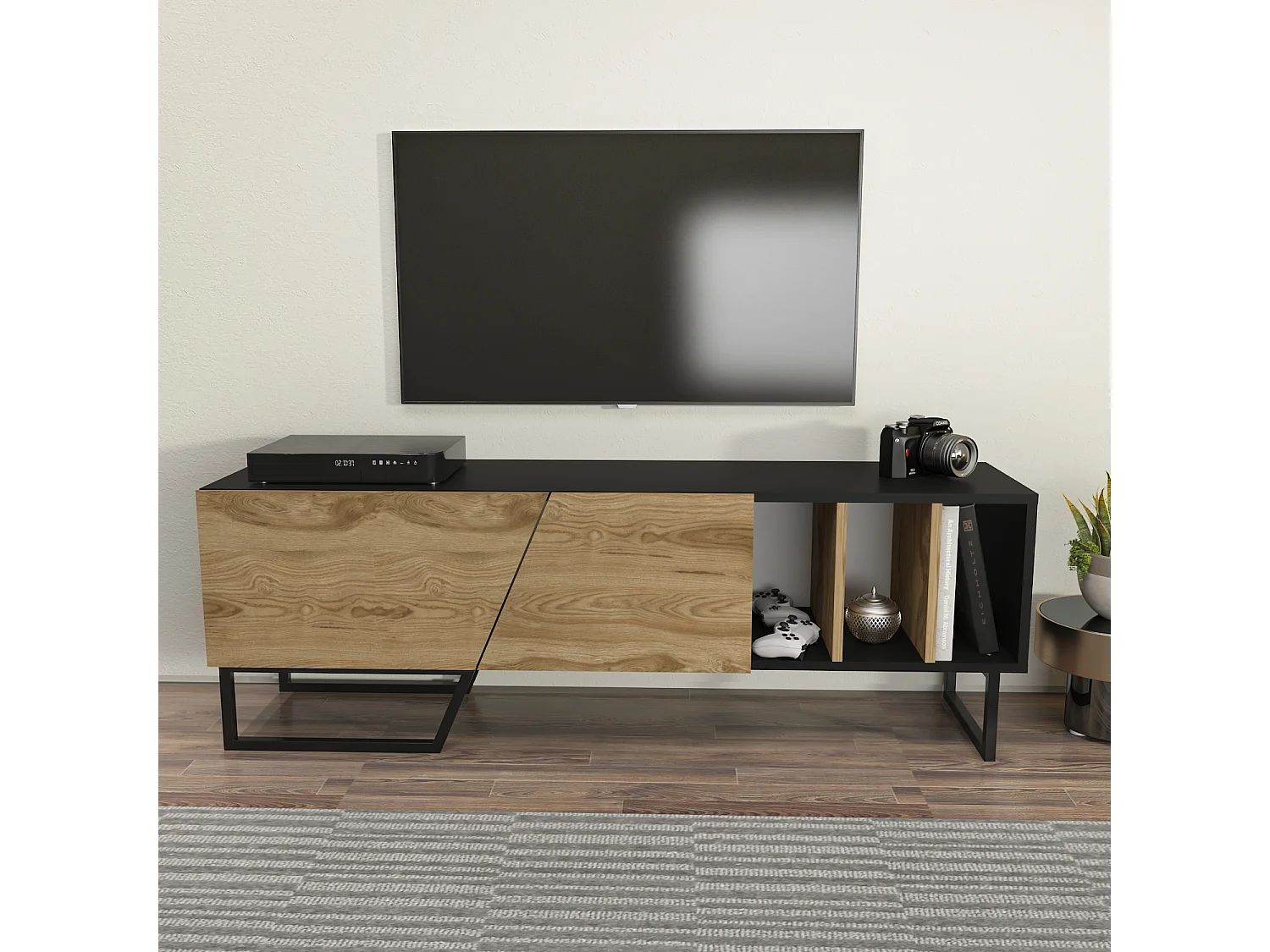 Meuble TV Linossa, niches et armoires, pied en métal (Noir et Oud)