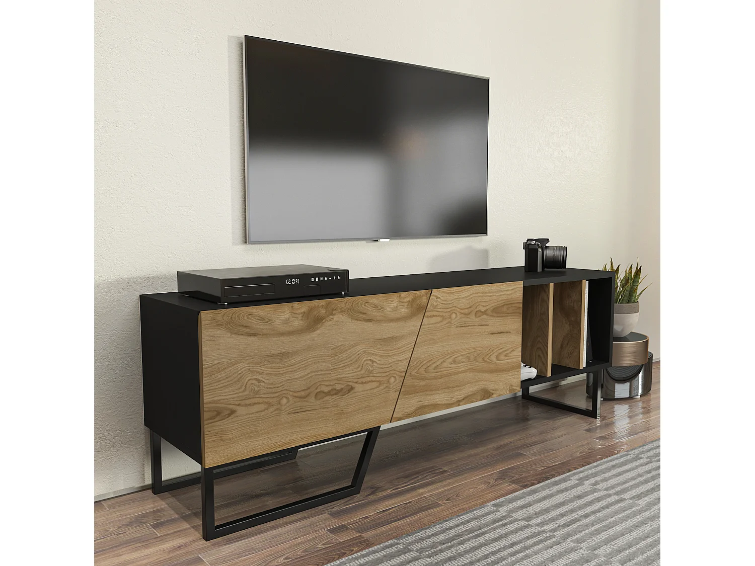 Meuble TV Linossa, niches et armoires, pied en métal (Noir et Oud)