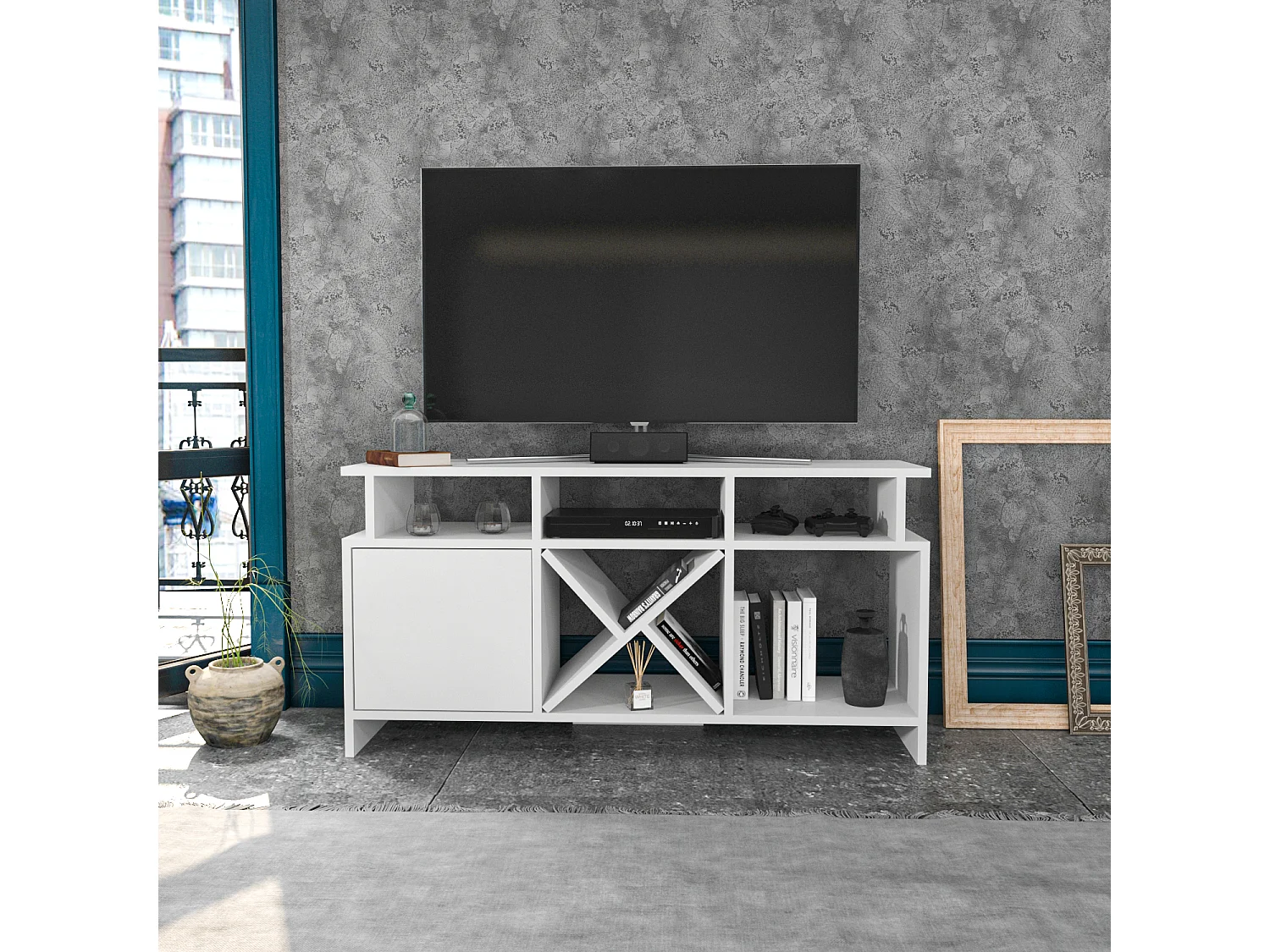Auburn TV Meuble TV 120 cm Pour les TVs 55" | Niches et Armoire (Blanc)