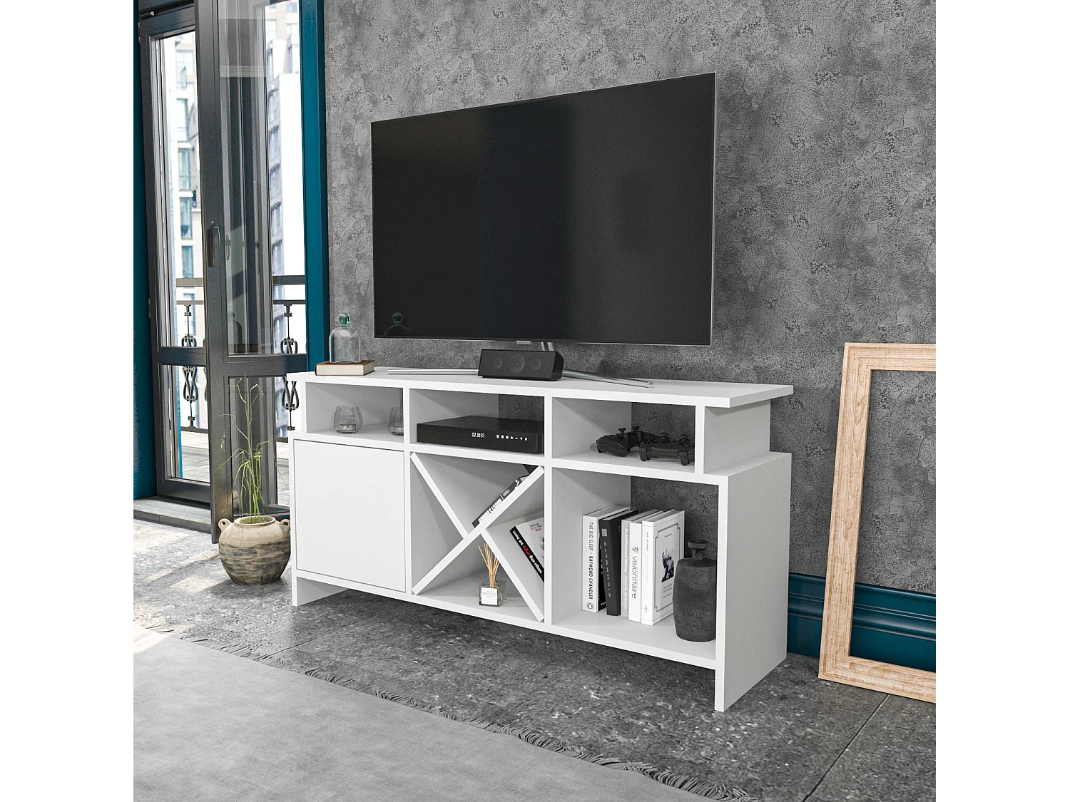 Auburn TV Meuble TV 120 cm Pour les TVs 55" | Niches et Armoire (Blanc)