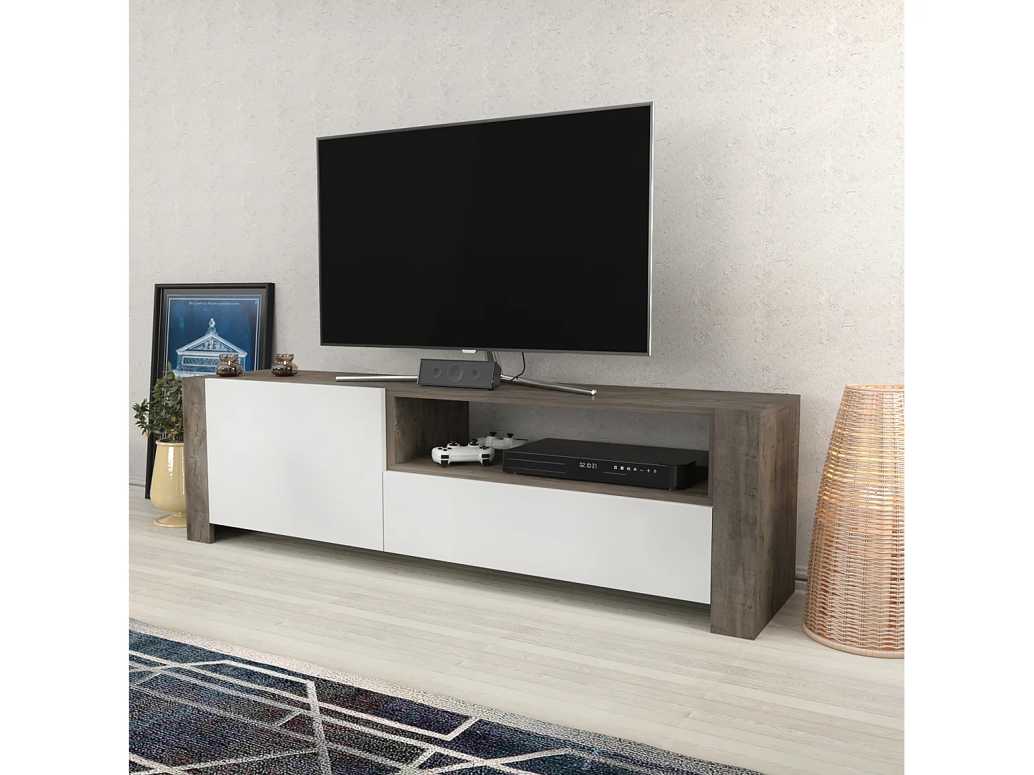 Piedmont 160 cm Meuble TV Armoires Battantes et Niche (Wenge et Blanc)