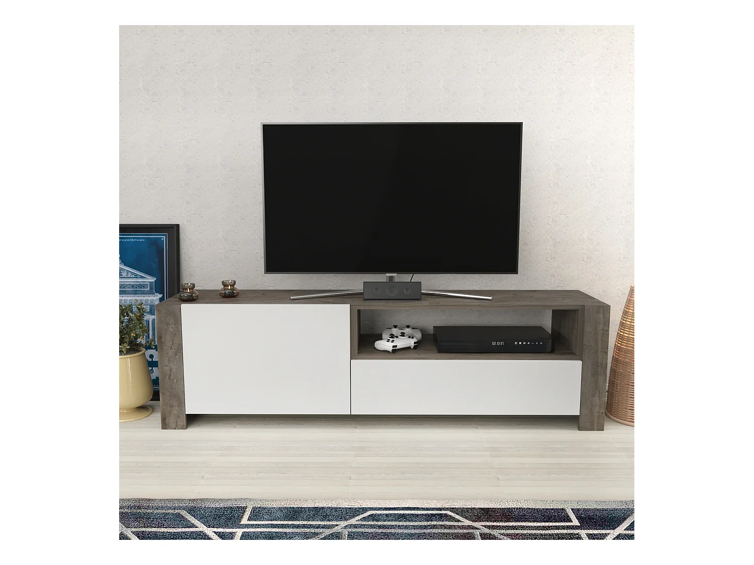 Piedmont 160 cm Meuble TV Armoires Battantes et Niche (Wenge et Blanc)