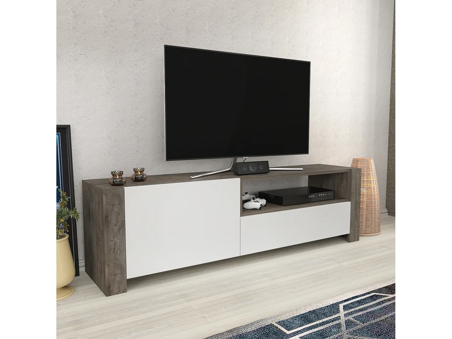 Piedmont 160 cm Meuble TV Armoires Battantes et Niche (Wenge et Blanc)