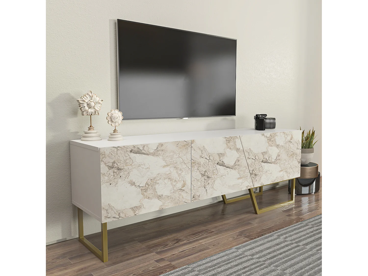 Parla Meuble TV 150 cm Armoires et Pieds Métalliques (Effet marbre blanc et Doré)