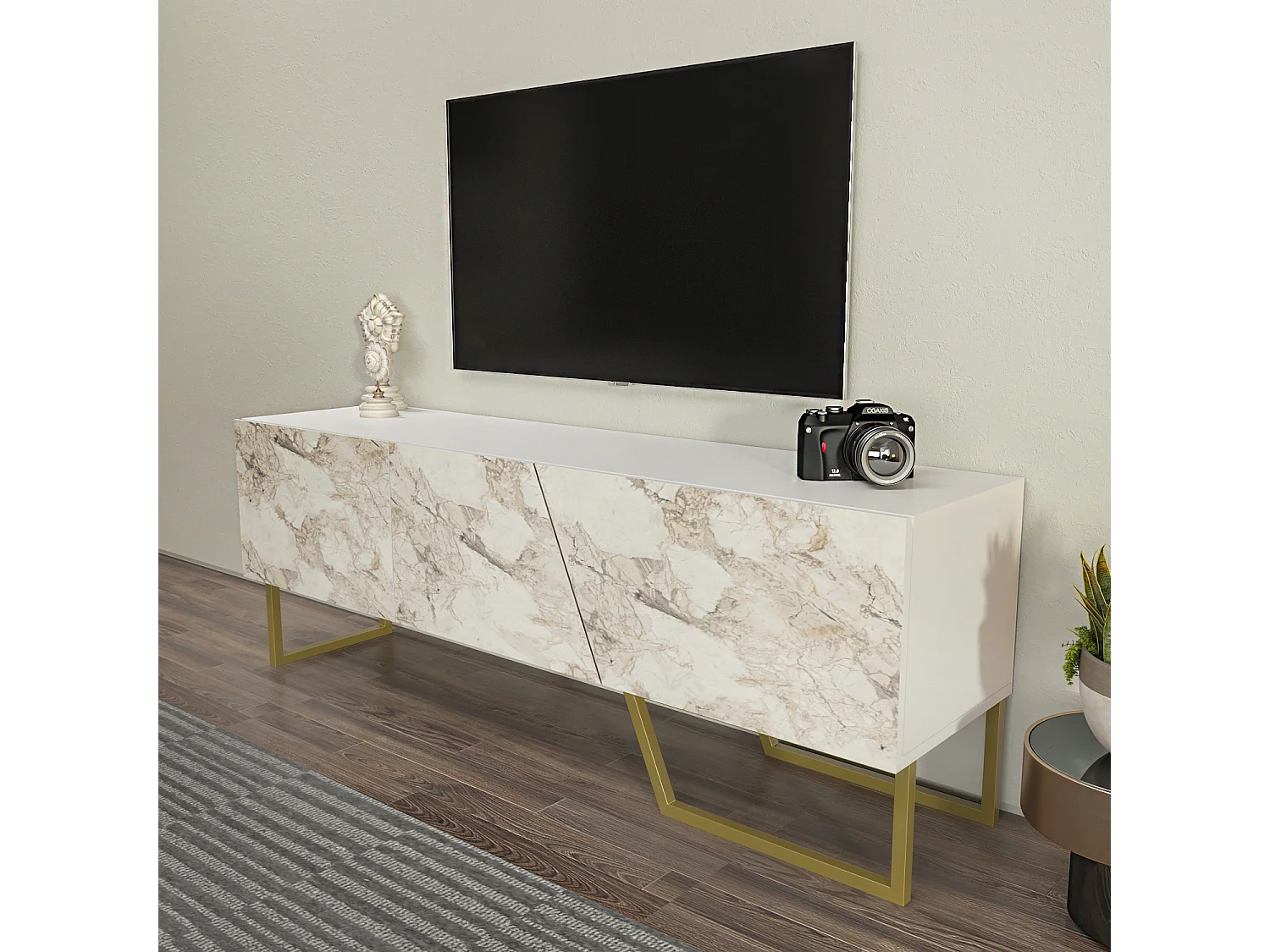 Parla Meuble TV 150 cm Armoires et Pieds Métalliques (Effet marbre blanc et Doré)