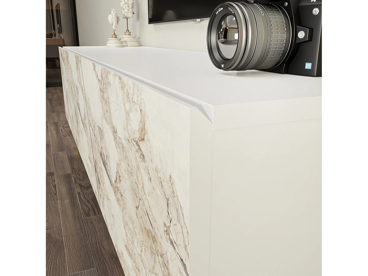 Parla Meuble TV 150 cm Armoires et Pieds Métalliques (Effet marbre blanc et Doré)