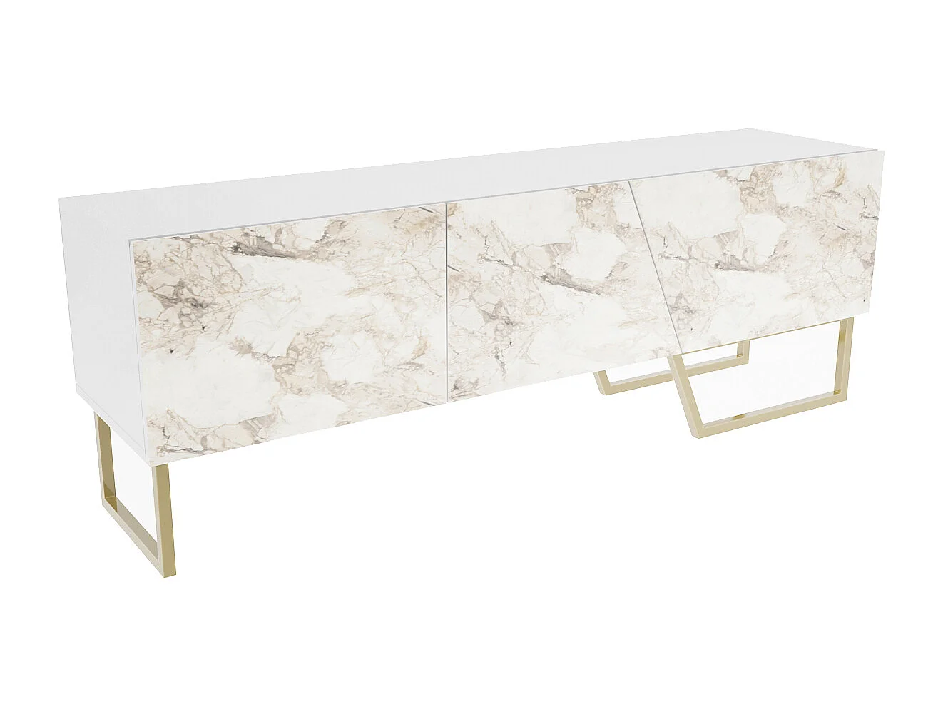 Parla Meuble TV 150 cm Armoires et Pieds Métalliques (Effet marbre blanc et Doré)