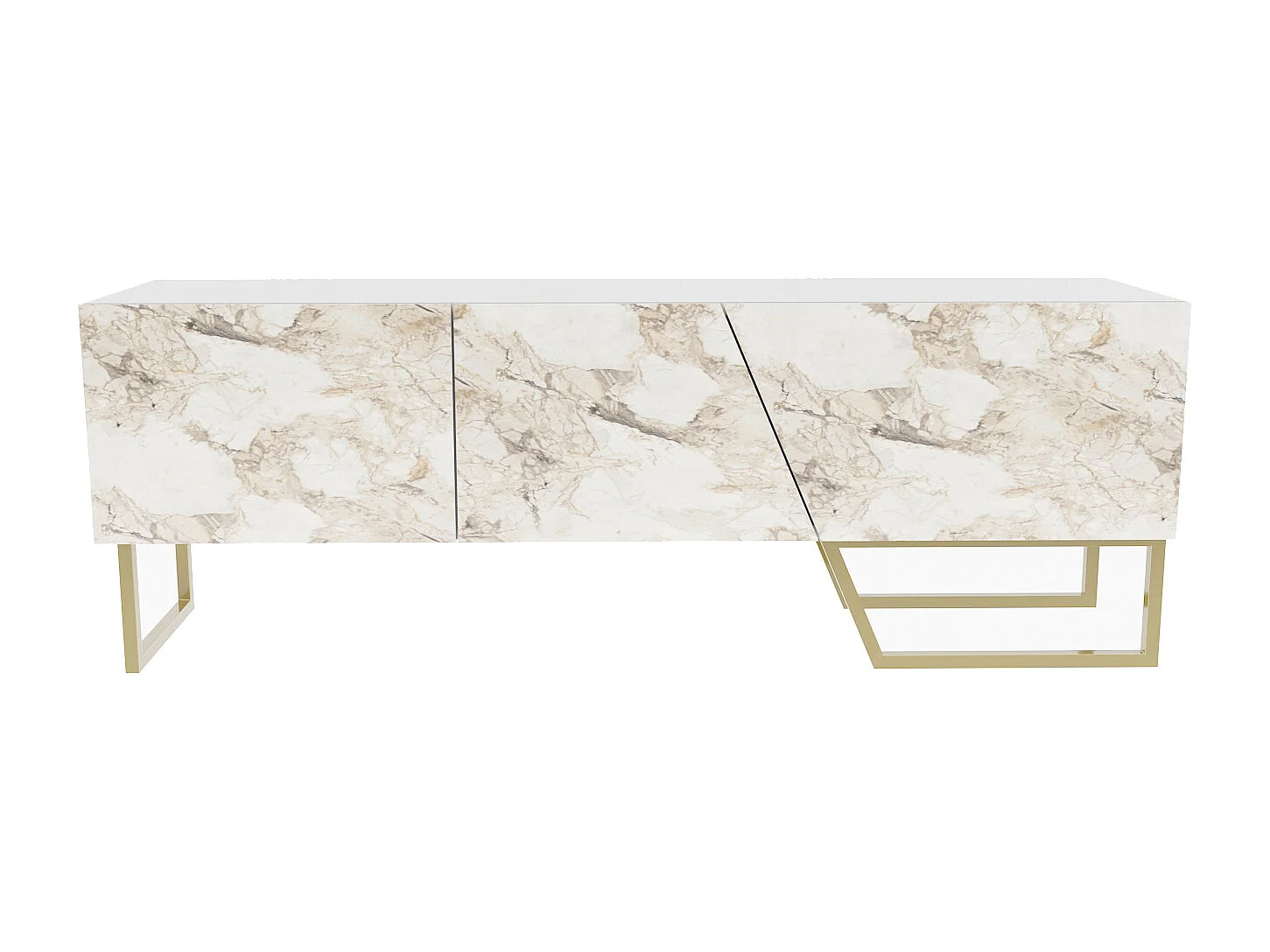 Parla Meuble TV 150 cm Armoires et Pieds Métalliques (Effet marbre blanc et Doré)