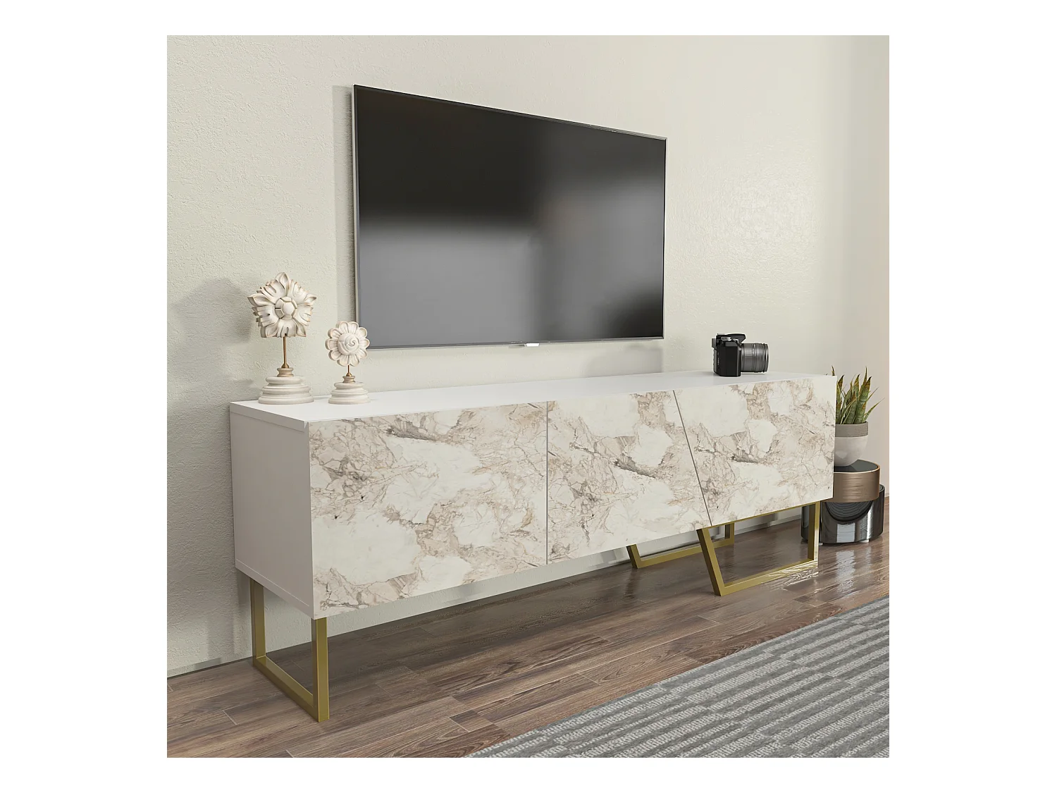 Parla Meuble TV 150 cm Armoires et Pieds Métalliques (Effet marbre blanc et Doré)
