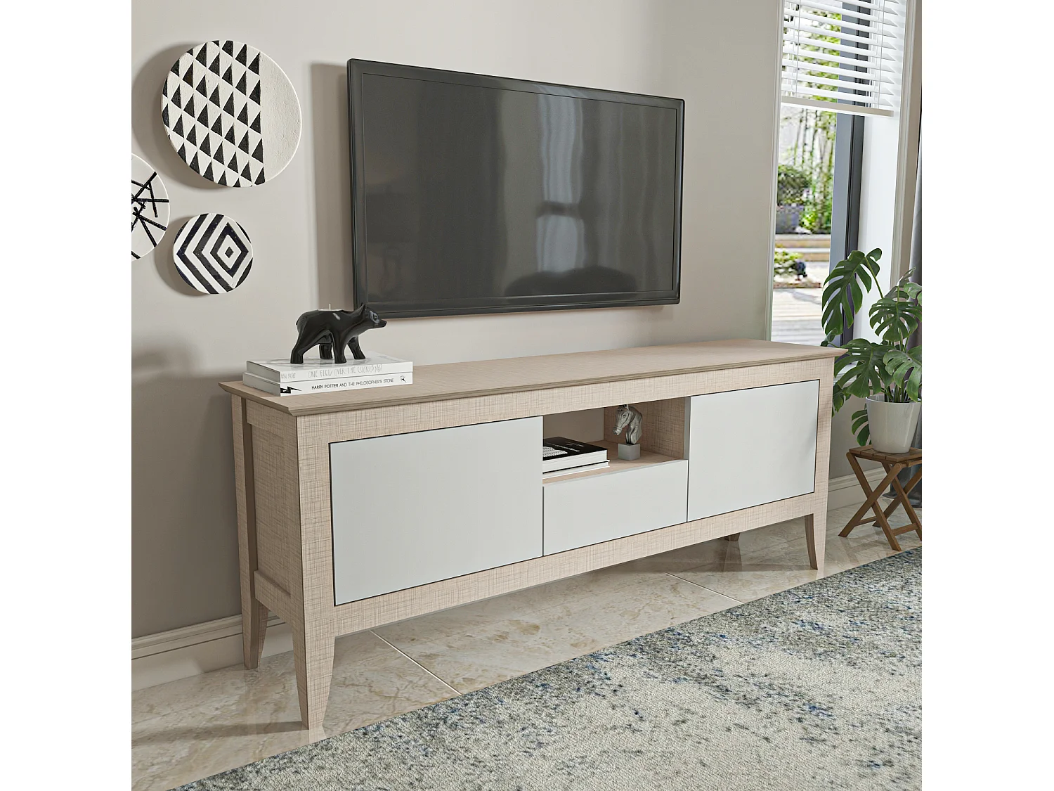 Verde Meuble TV 150 cm 3 Armoires Battantes et Une Niche | Convient aux TVs 55" (Beige et Blanc)