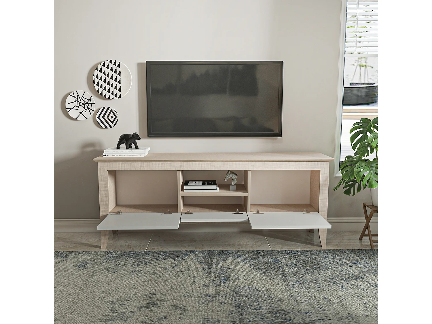 Verde Meuble TV 150 cm 3 Armoires Battantes et Une Niche | Convient aux TVs 55" (Beige et Blanc)