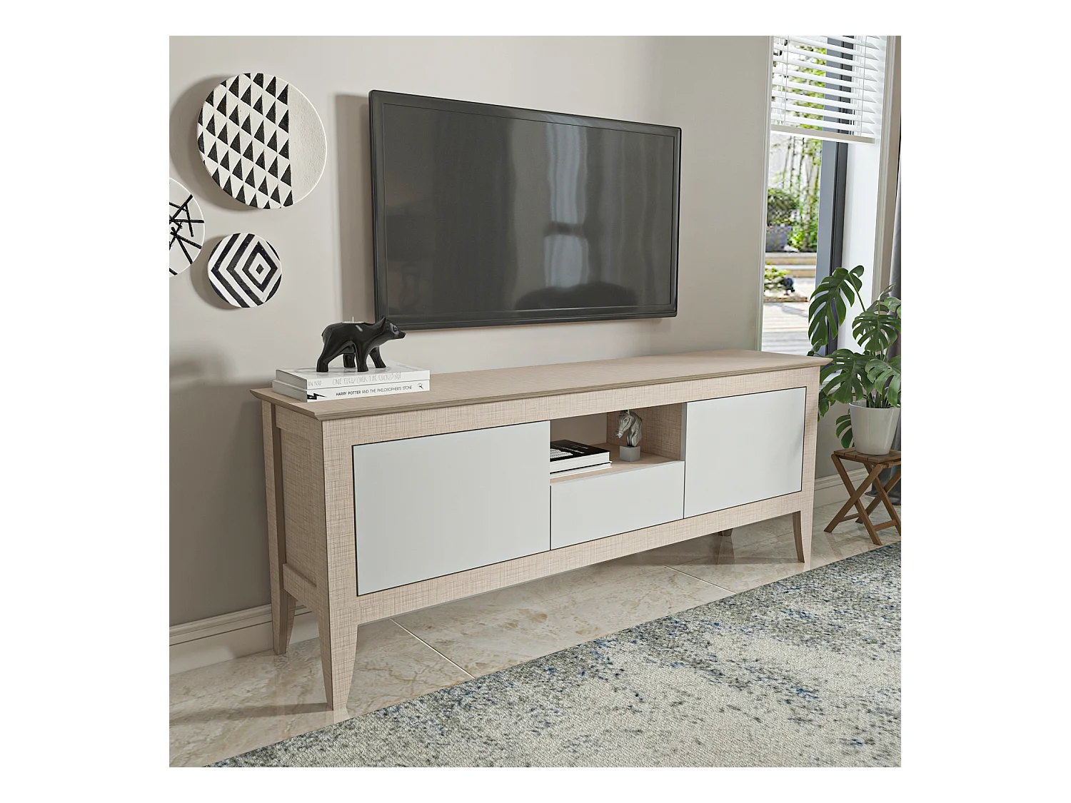 Verde Meuble TV 150 cm 3 Armoires Battantes et Une Niche | Convient aux TVs 55" (Beige et Blanc)
