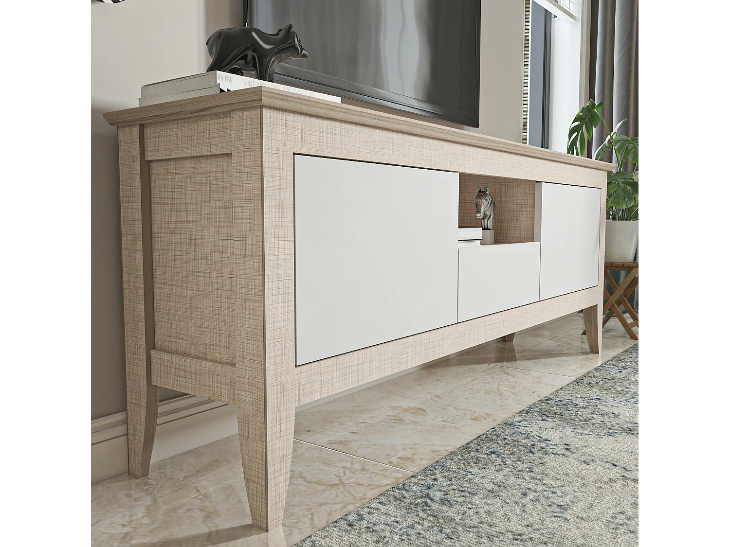 Verde Meuble TV 150 cm 3 Armoires Battantes et Une Niche | Convient aux TVs 55" (Beige et Blanc)
