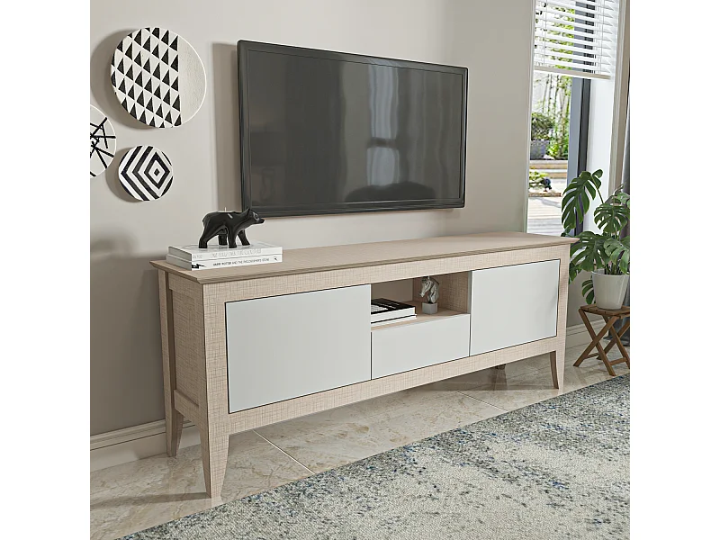 Verde Meuble TV 150 cm 3 Armoires Battantes et Une Niche | Convient aux TVs 55" (Beige et Blanc)