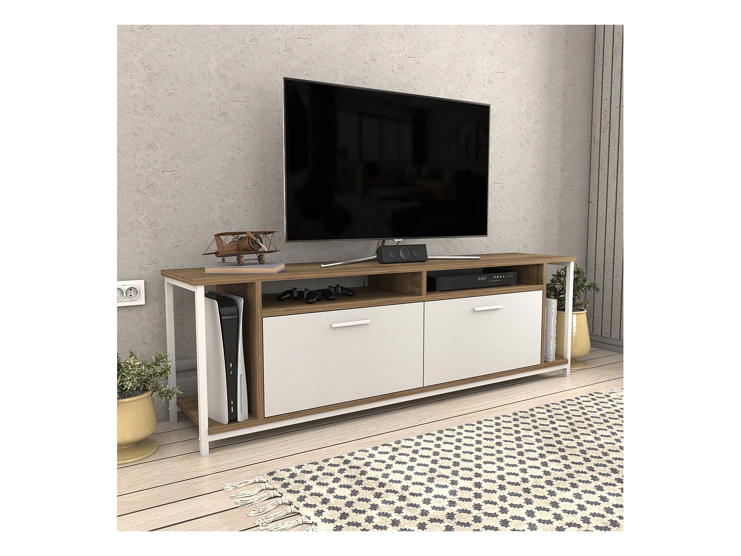 Omar Meuble TV 160 cm pour les TVs 72" Cadre Métallique Armoires et Étagères (Noyer et Blanc)