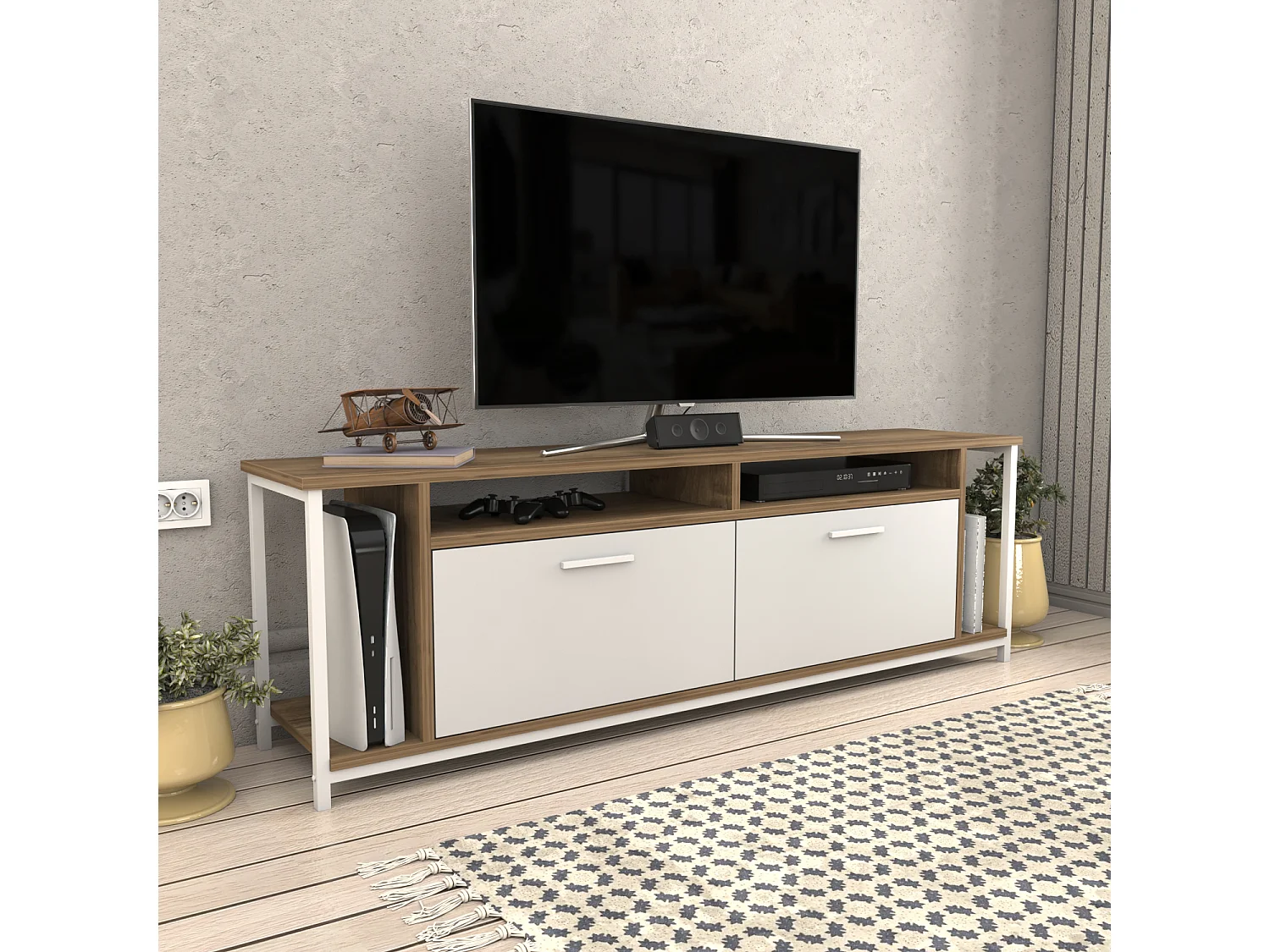 Omar Meuble TV 160 cm pour les TVs 72" Cadre Métallique Armoires et Étagères (Noyer et Blanc)