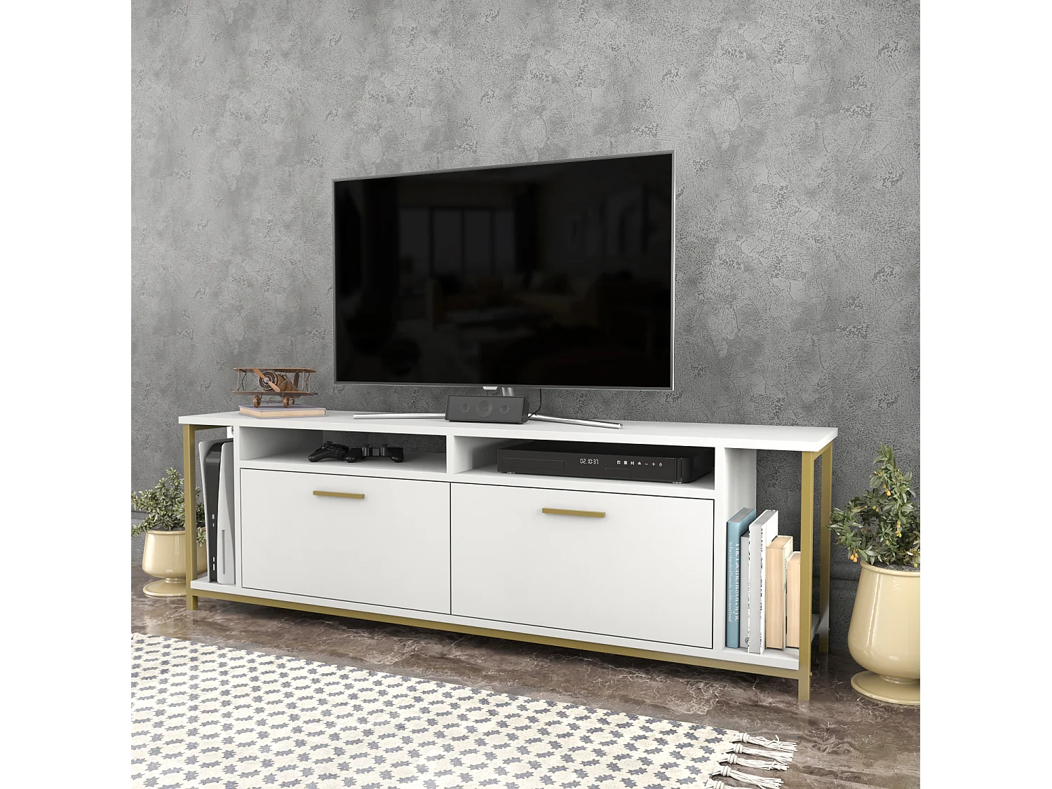 Omar Meuble TV 160 cm pour les TVs 72" Cadre Métallique Armoires et Étagères (Noyer et Blanc)